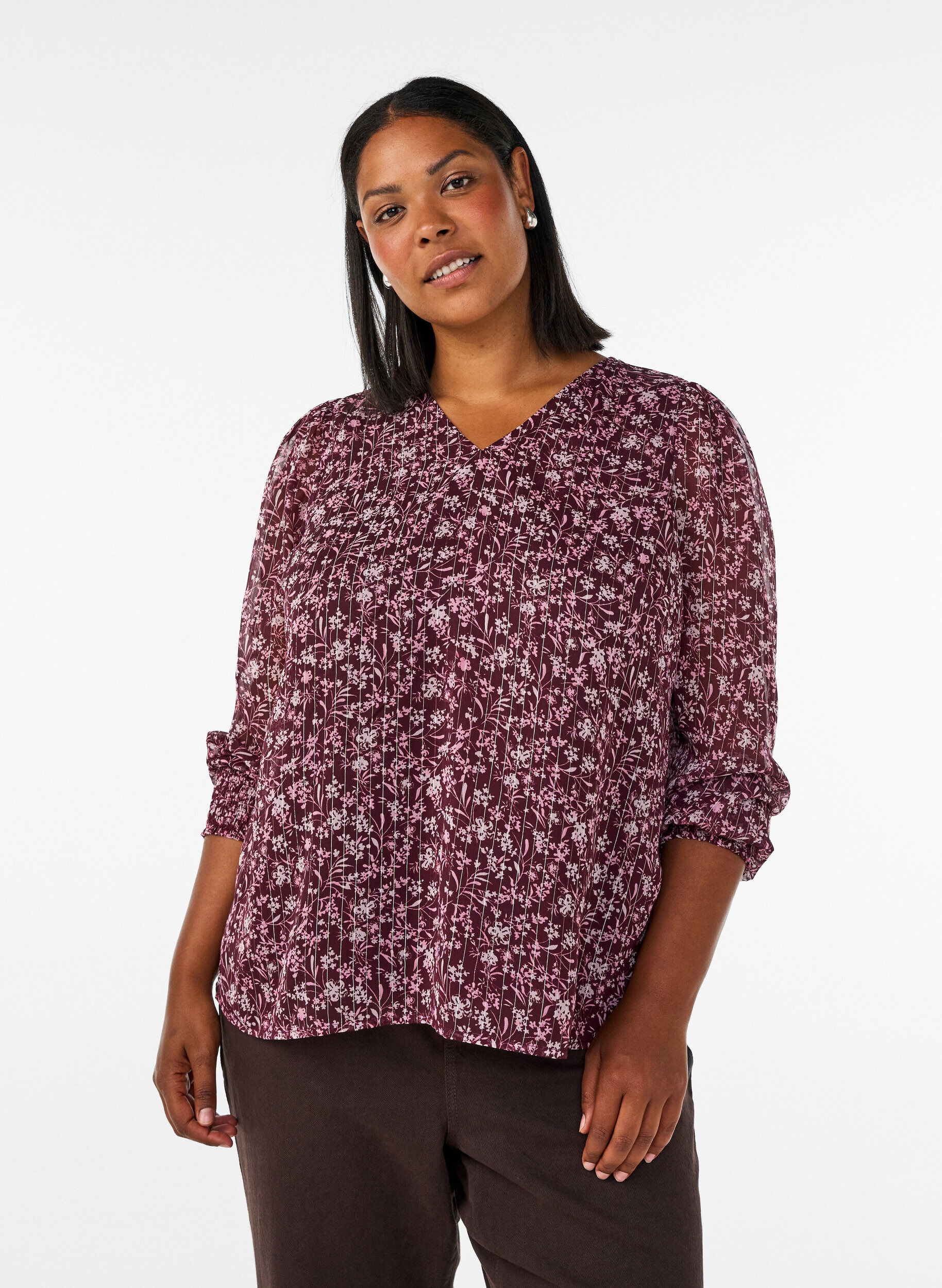 ZizziBlouse met bloemenprint en glitterdraad, Rood, Model image number 0