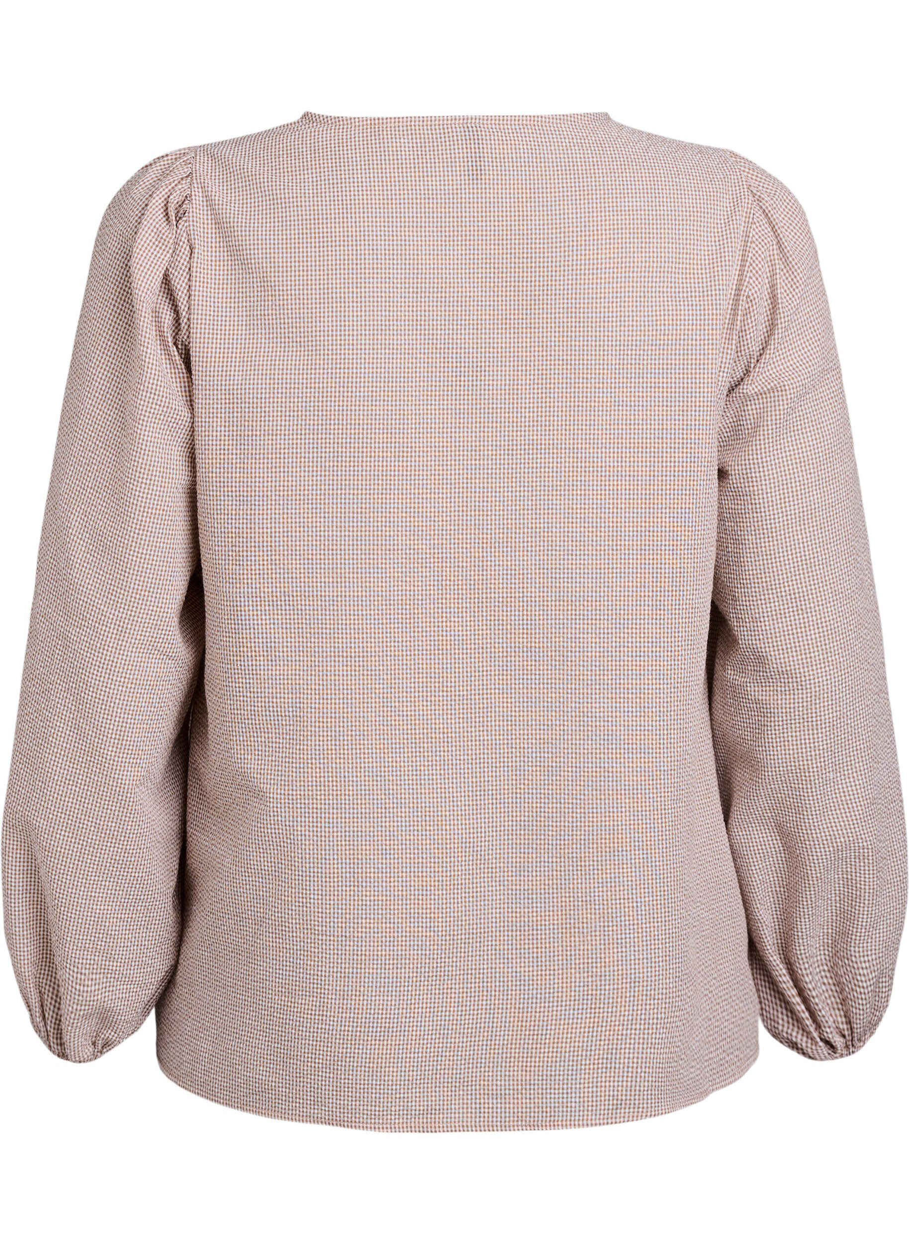 Zizzi Blouse met V-hals en kleine ruitjes, Beige, Packshot image number 1