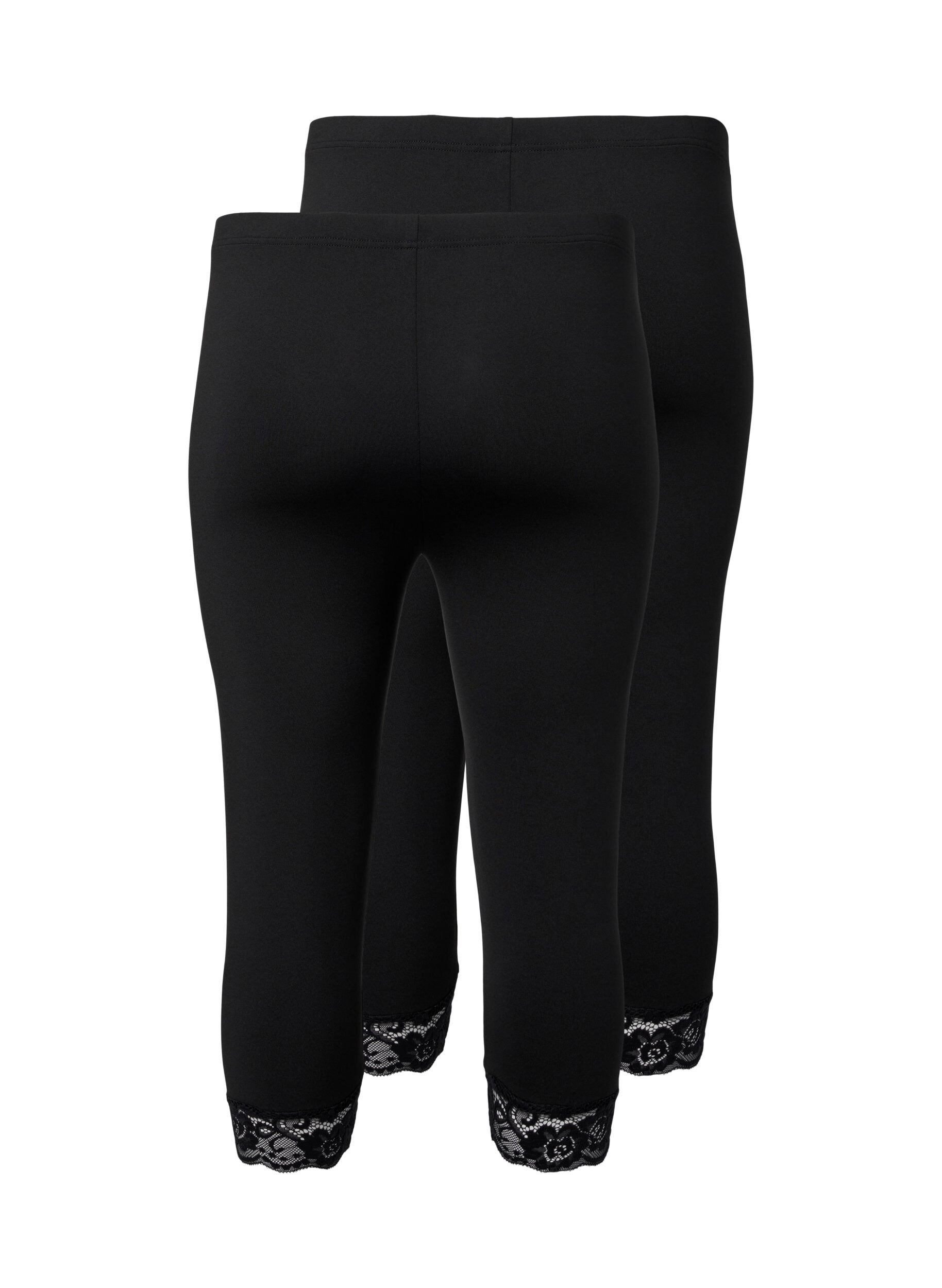 Zizzi 2 paar 3/4 leggings met kanten randje, Black / Black, Packshot image number 1