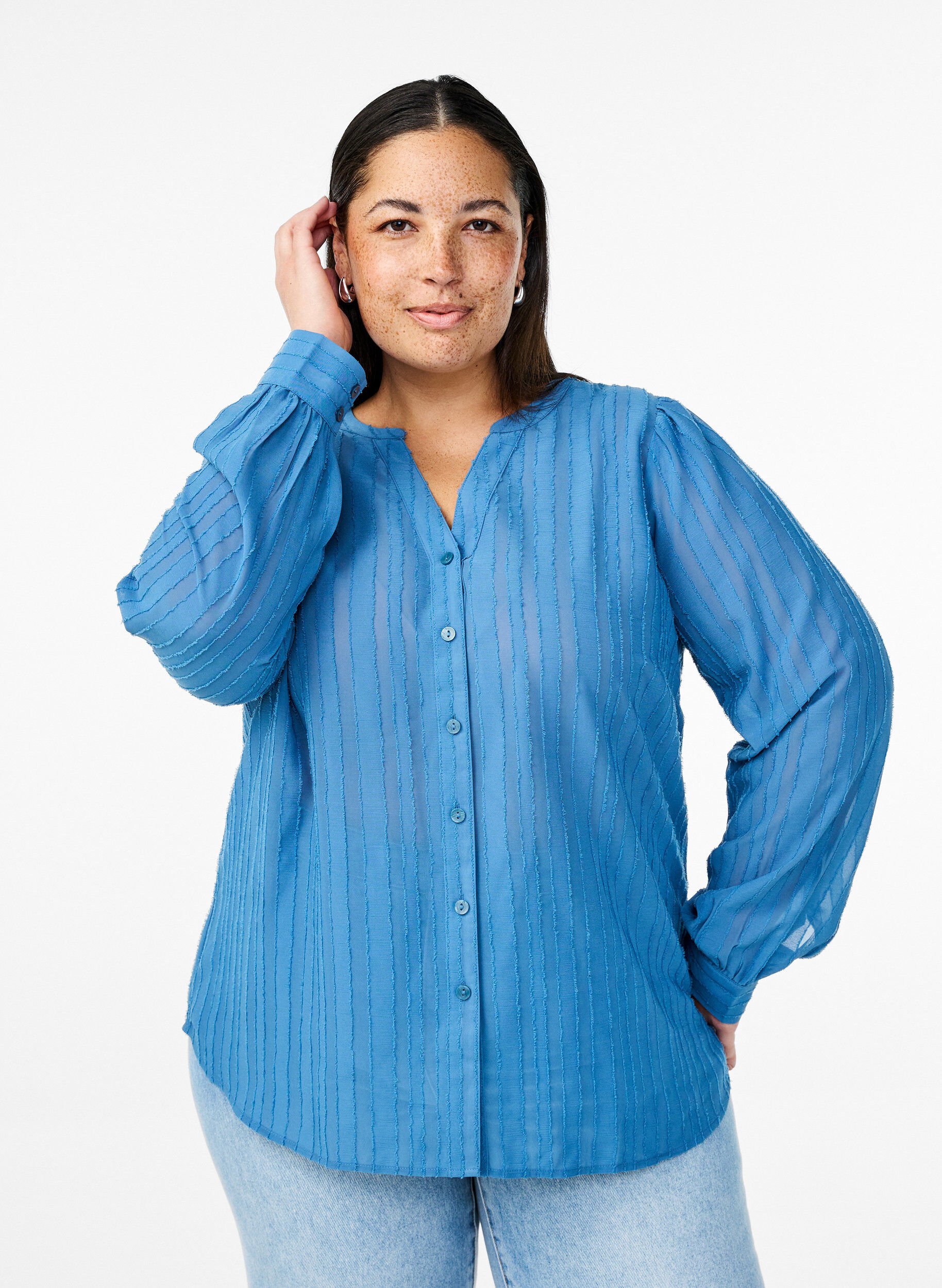 Zizzi Gestreepte blouse met transparante strepen, Blauw, Model image number 0