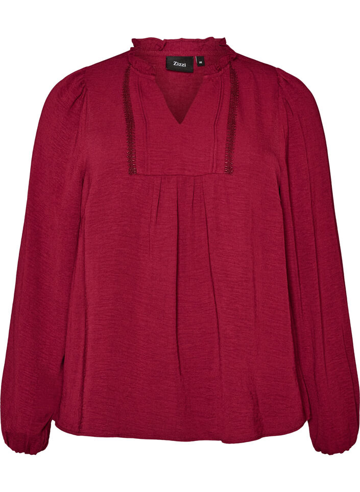 Blouse met V-hals en gehaakte sierband, Rood, Packshot image number 0