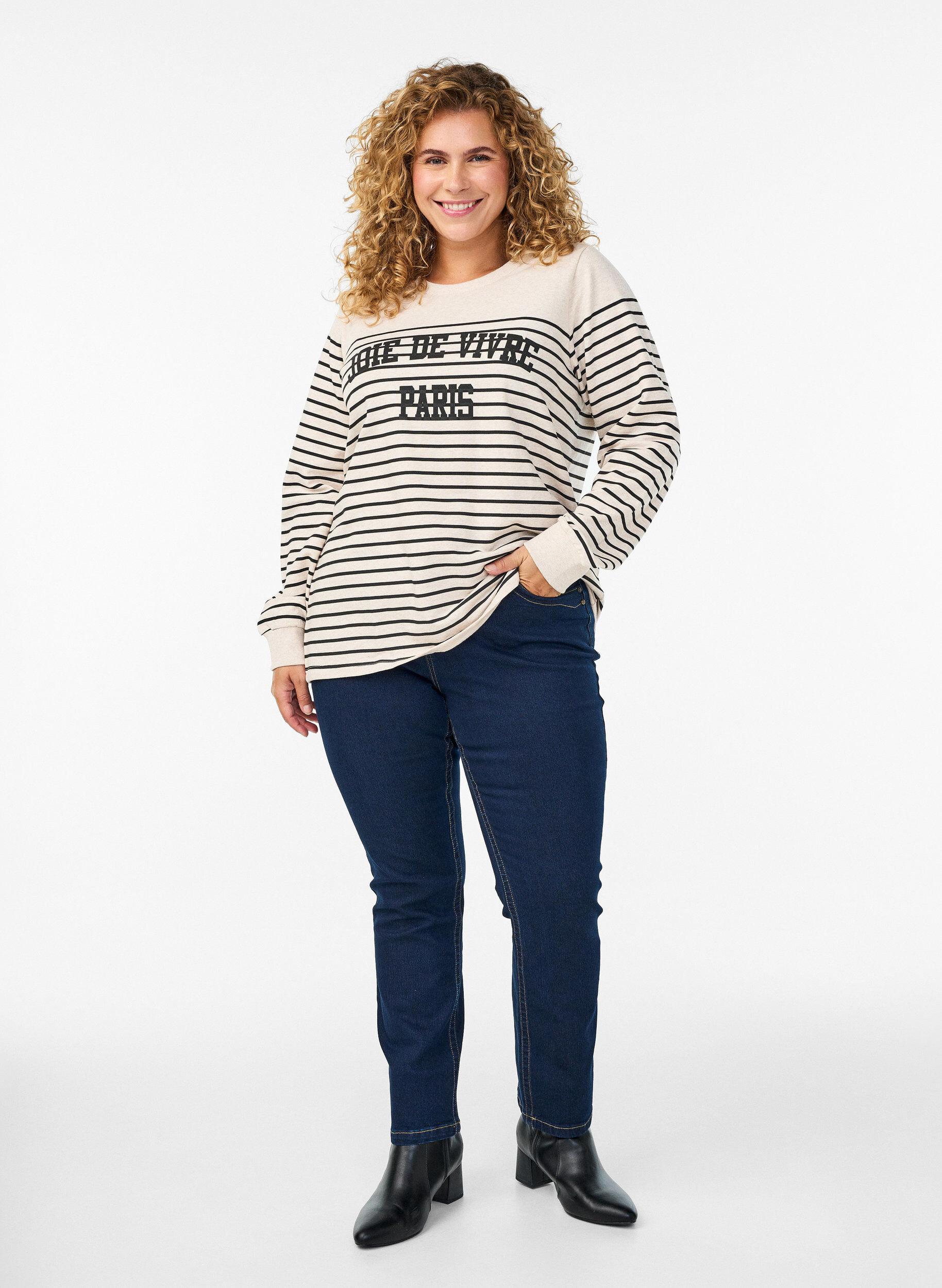 Zizzi Sweatshirt met strepen en tekstprint, Beige, Model image number 1