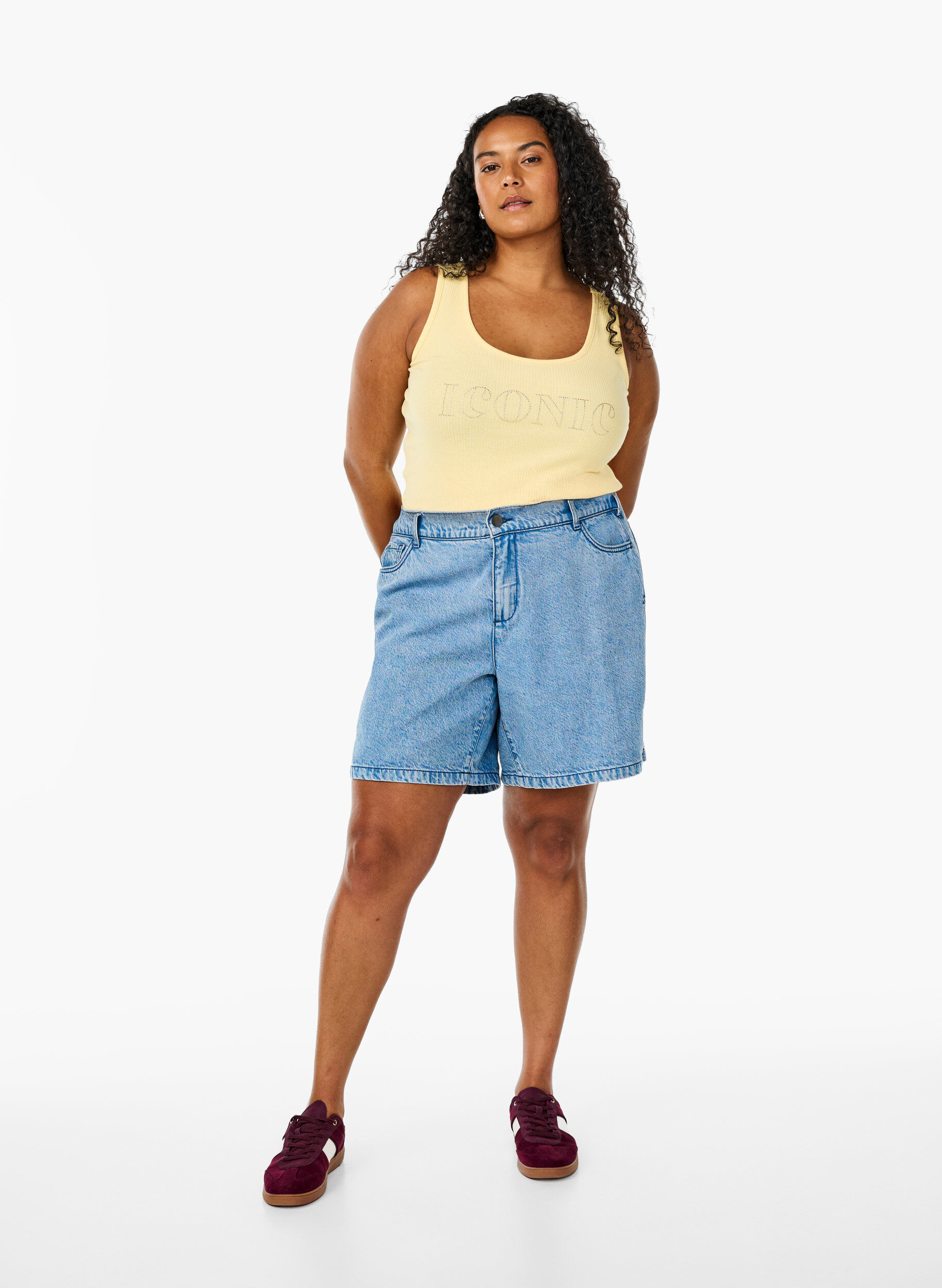 Zizzi Tanktop met strass steentjes en slanke pasvorm, Geel, Model image number 1