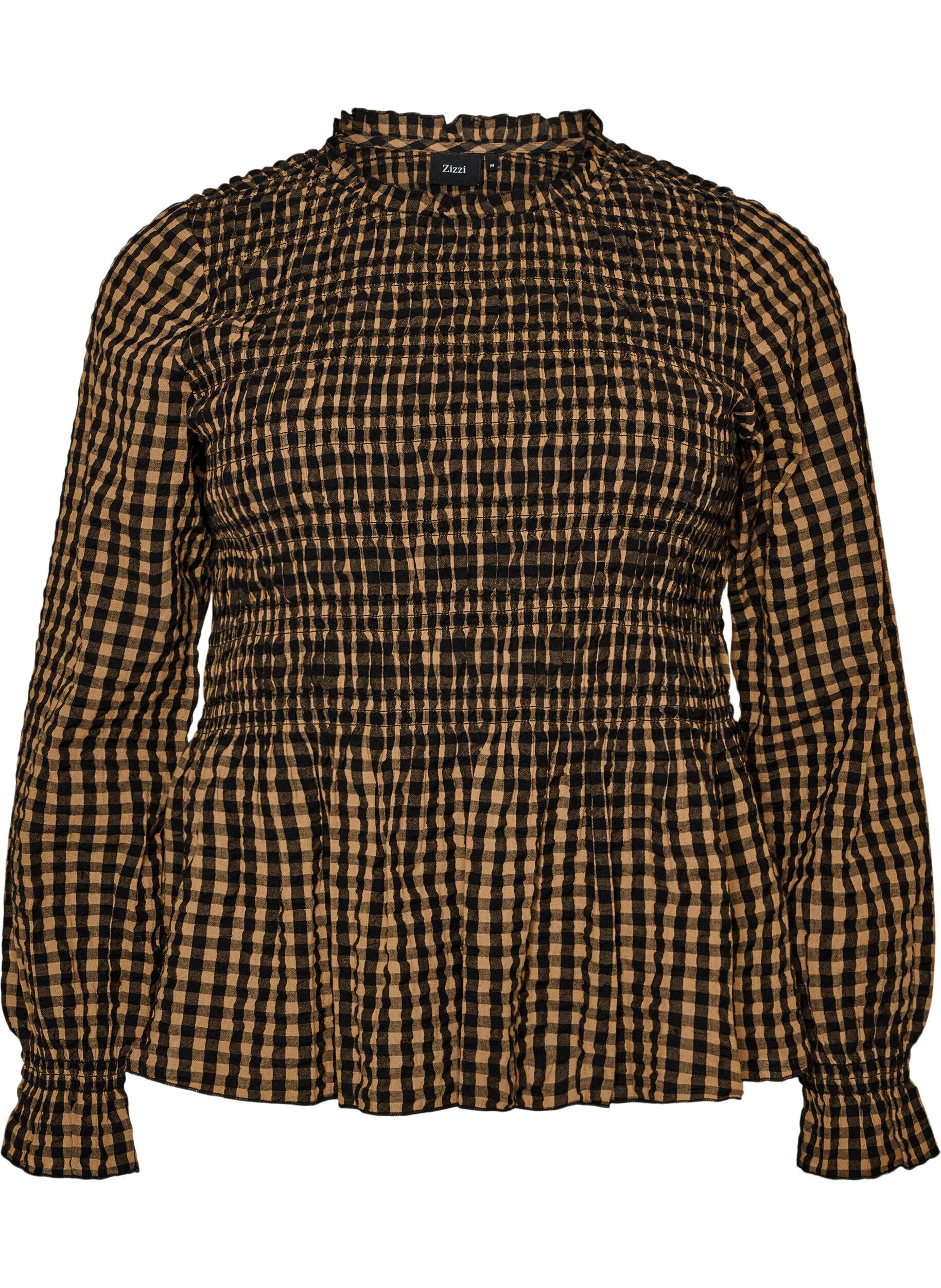 Blouse met ruitpatroon, smockwerk en peplum