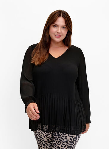 Geplooide blouse met lange mouwen en V-hals, Black, Model image number 0