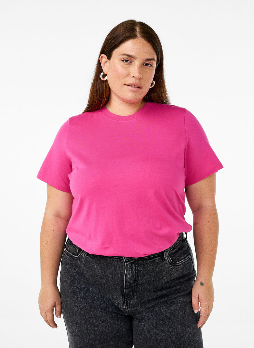 Basic katoenen T-shirt met ronde hals, Roze, Model image number 0