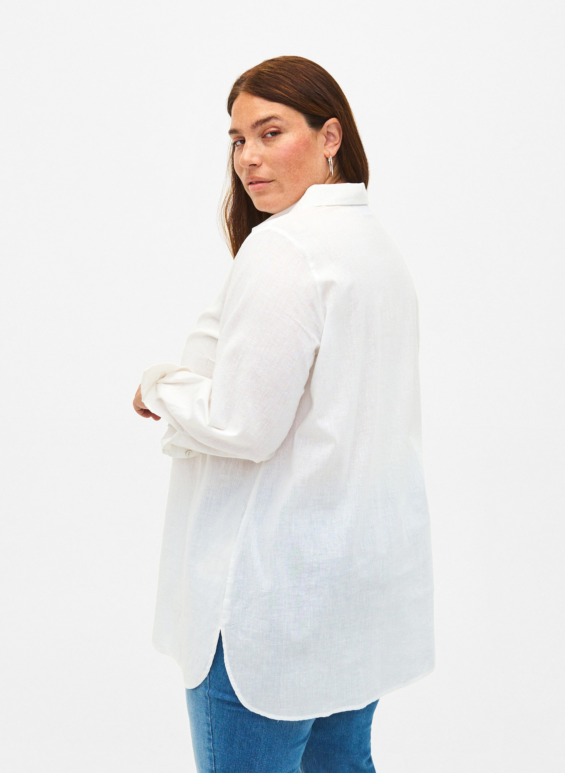 Zizzi Lang shirt van linnen en katoen, Bright White, Model image number 1