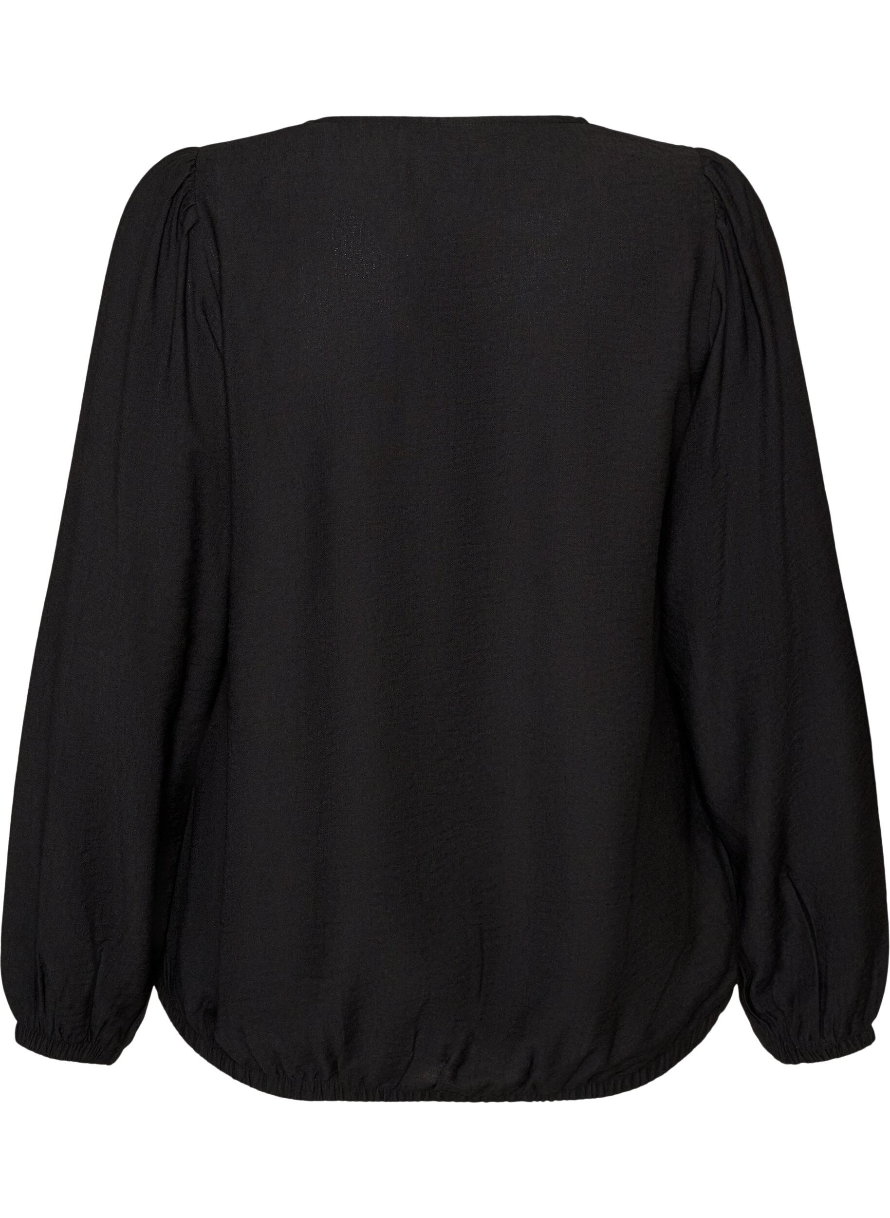 ZizziViscose blouse met V-hals en ballonvormig silhouet, Zwart, Packshot image number 1
