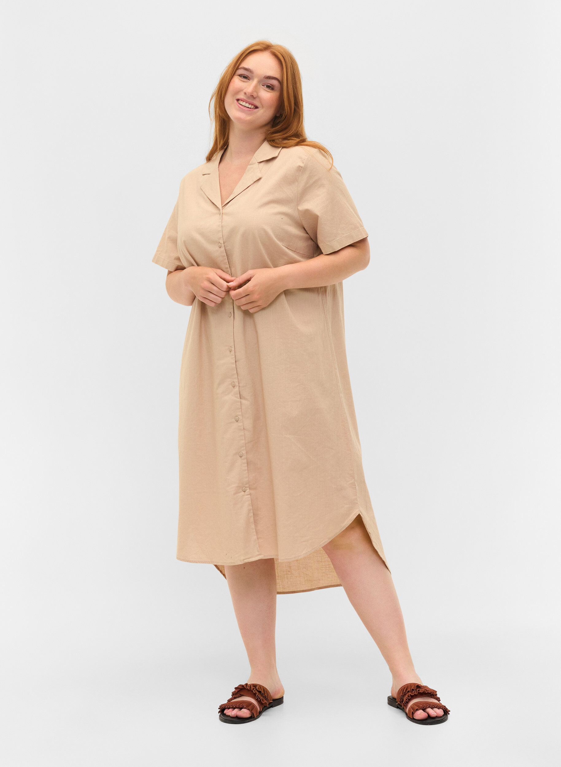 Zizzi Lange katoenen blouse met korte mouwen, Humus, Model image number 2