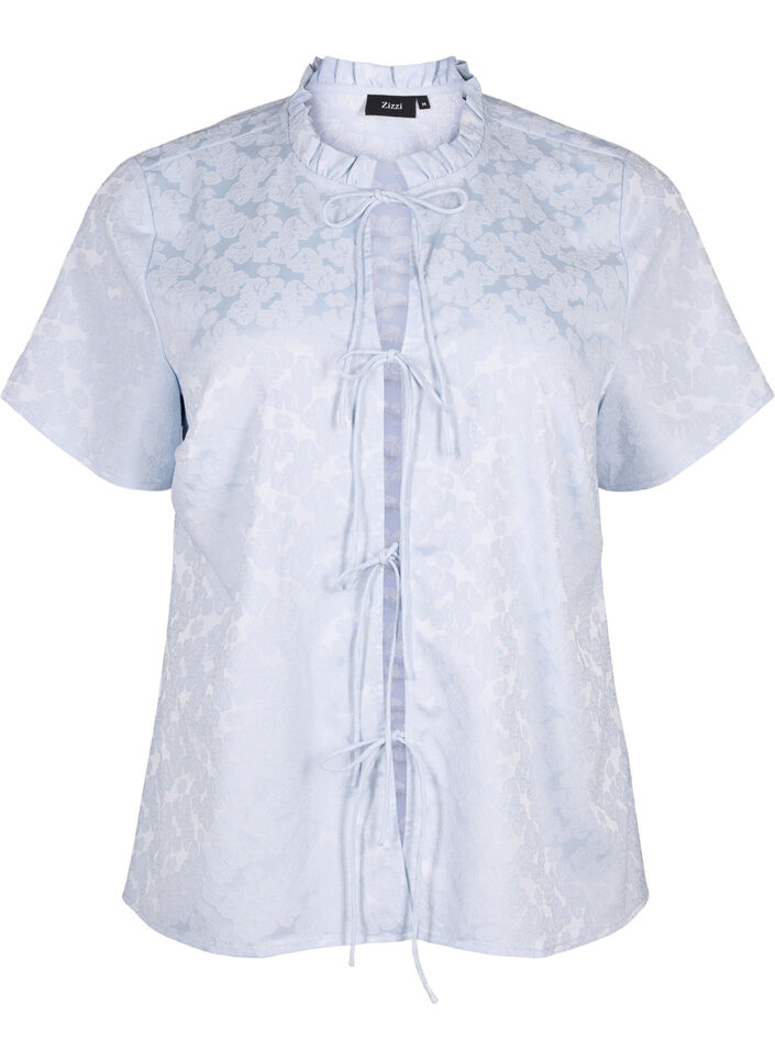 Jacquard blouse met korte mouwen en strikjes, Blauw, Packshot image number 0