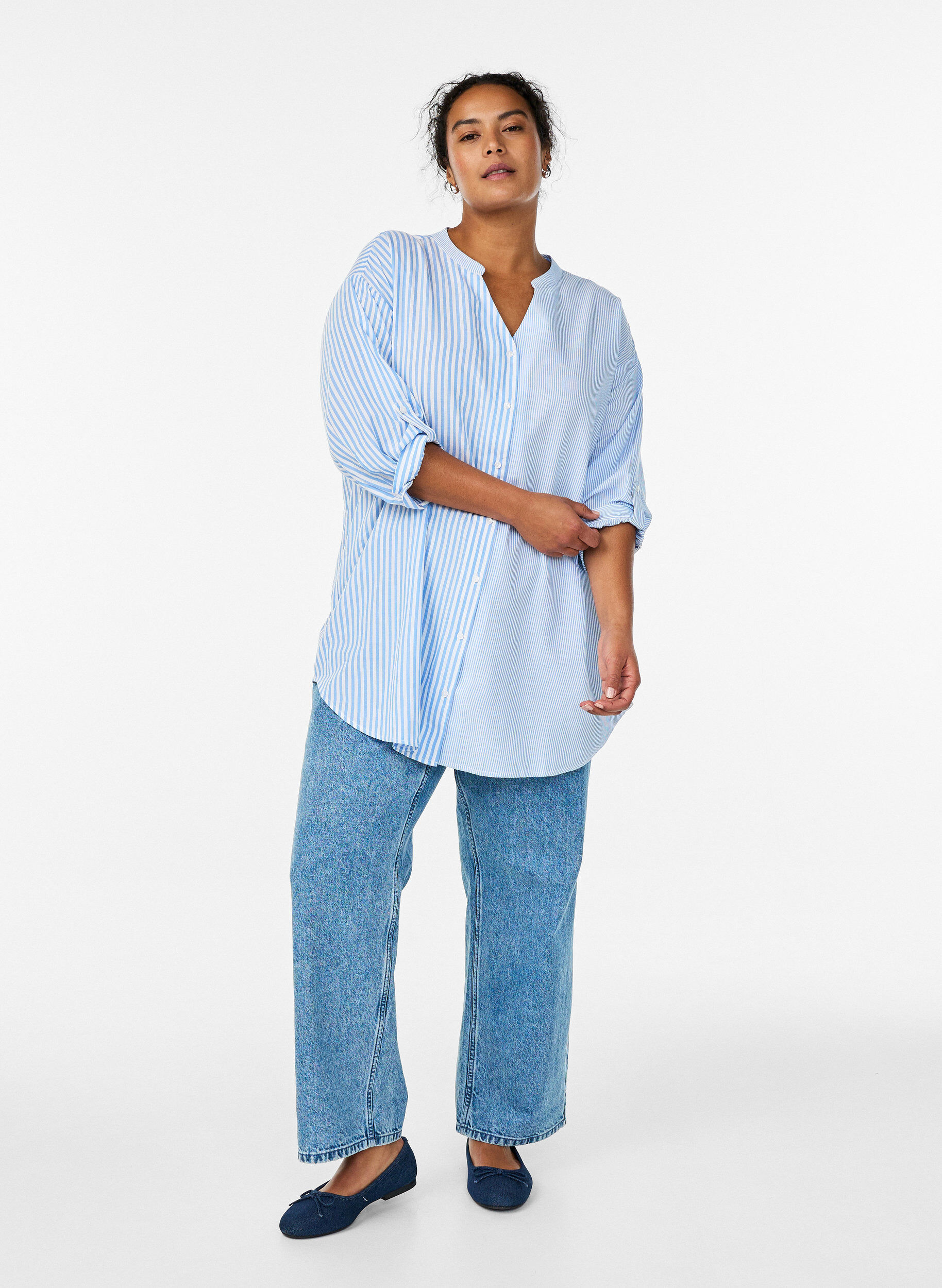 Zizzi Gestreepte tuniek met 3/4 mouwen, Blauw, Model image number 1