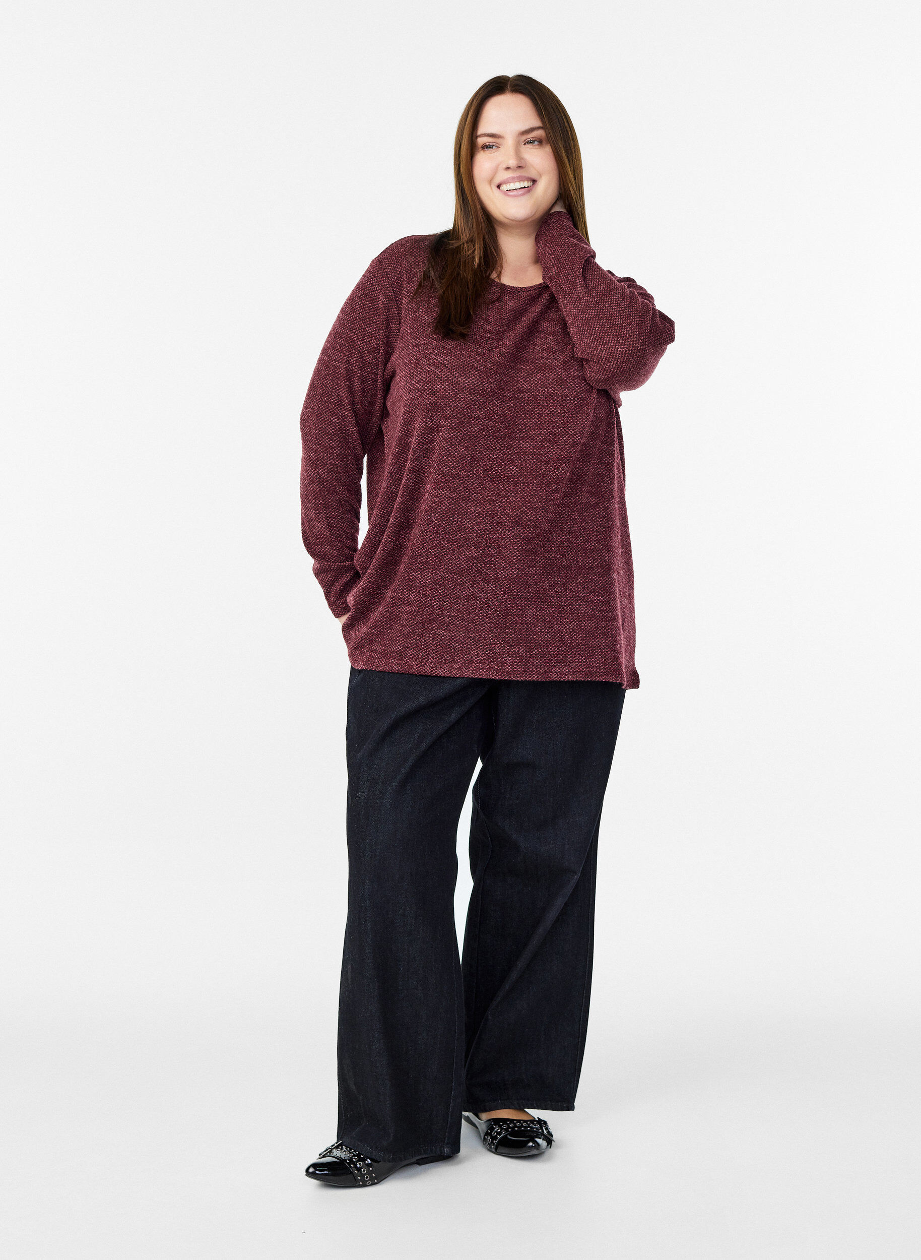 ZizziBlouse met lange mouwen en structuur, Donker Bordeaux, Model image number 1