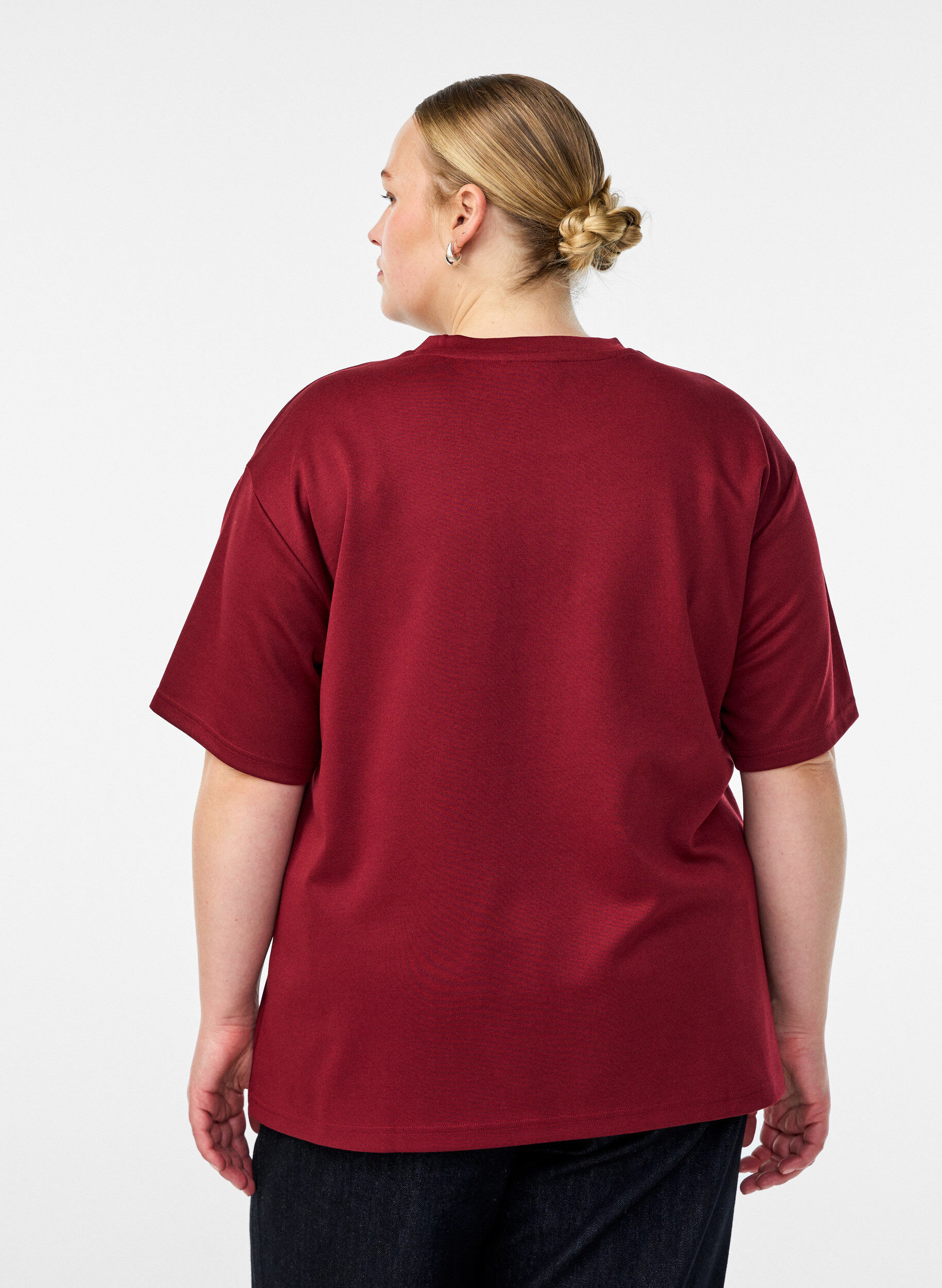 ZizziT-shirt met strass-steentjes en ronde hals, Donker Bordeaux, Model image number 2