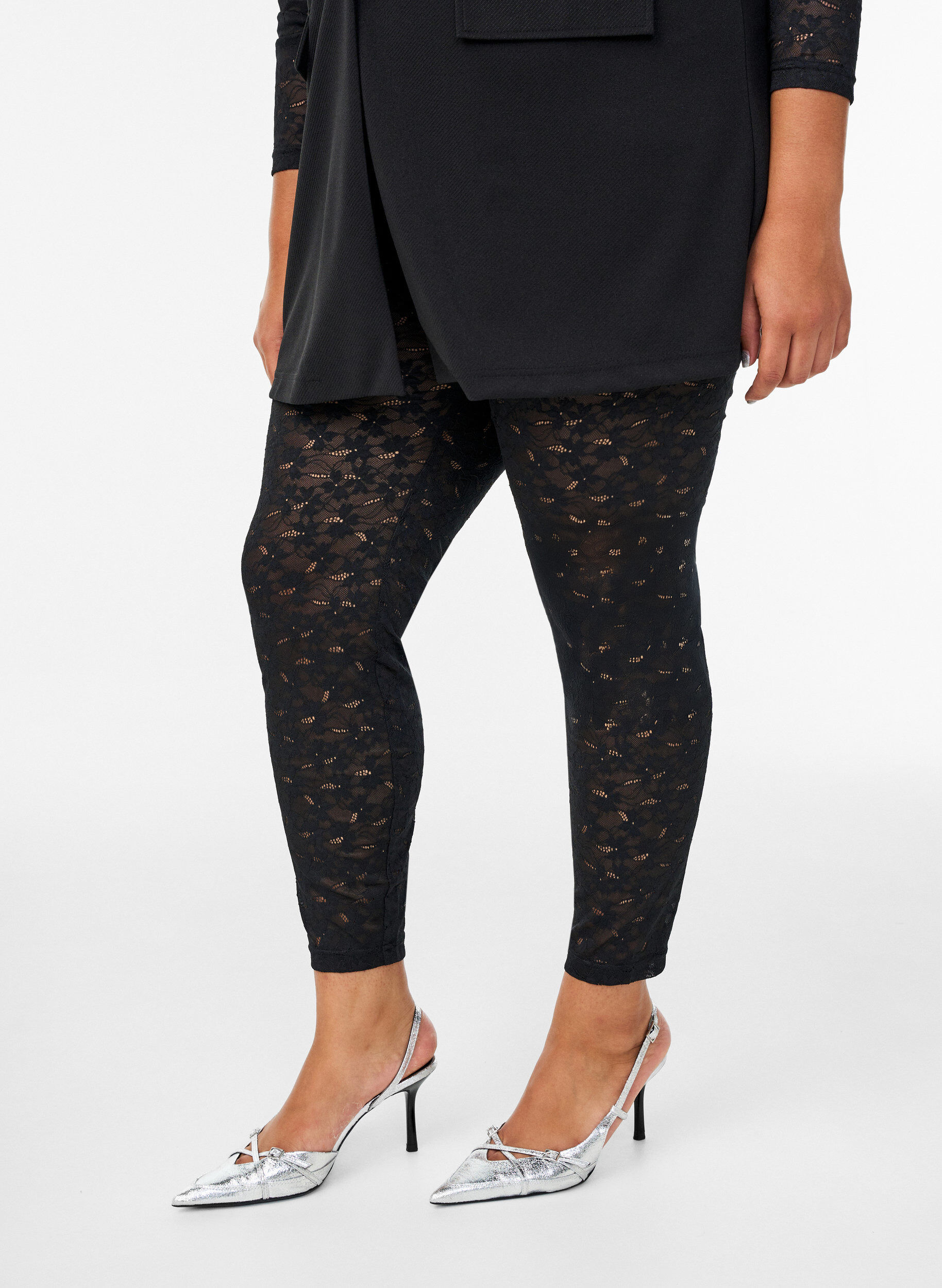 Zizzi Kanten leggings met een high waist, Zwart, Model image number 2