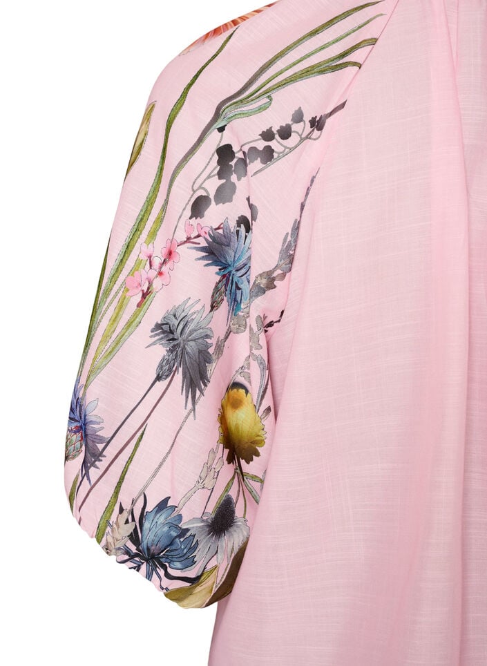 Blouse met bloemenprint mouwen en strikdetail, Roze, Packshot