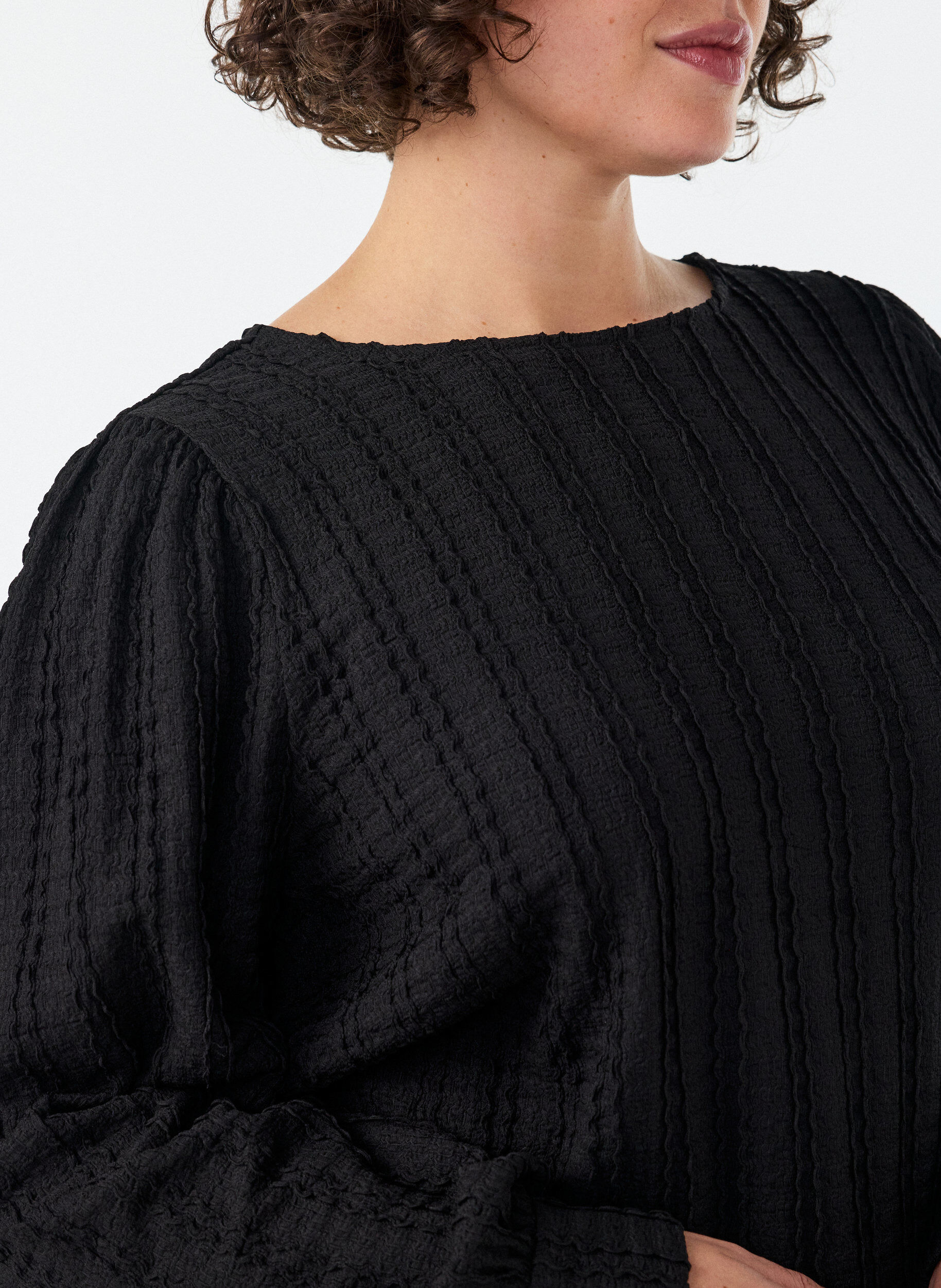 ZizziJersey blouse met structuur en ballonsilhouet, Zwart, Model image number 3
