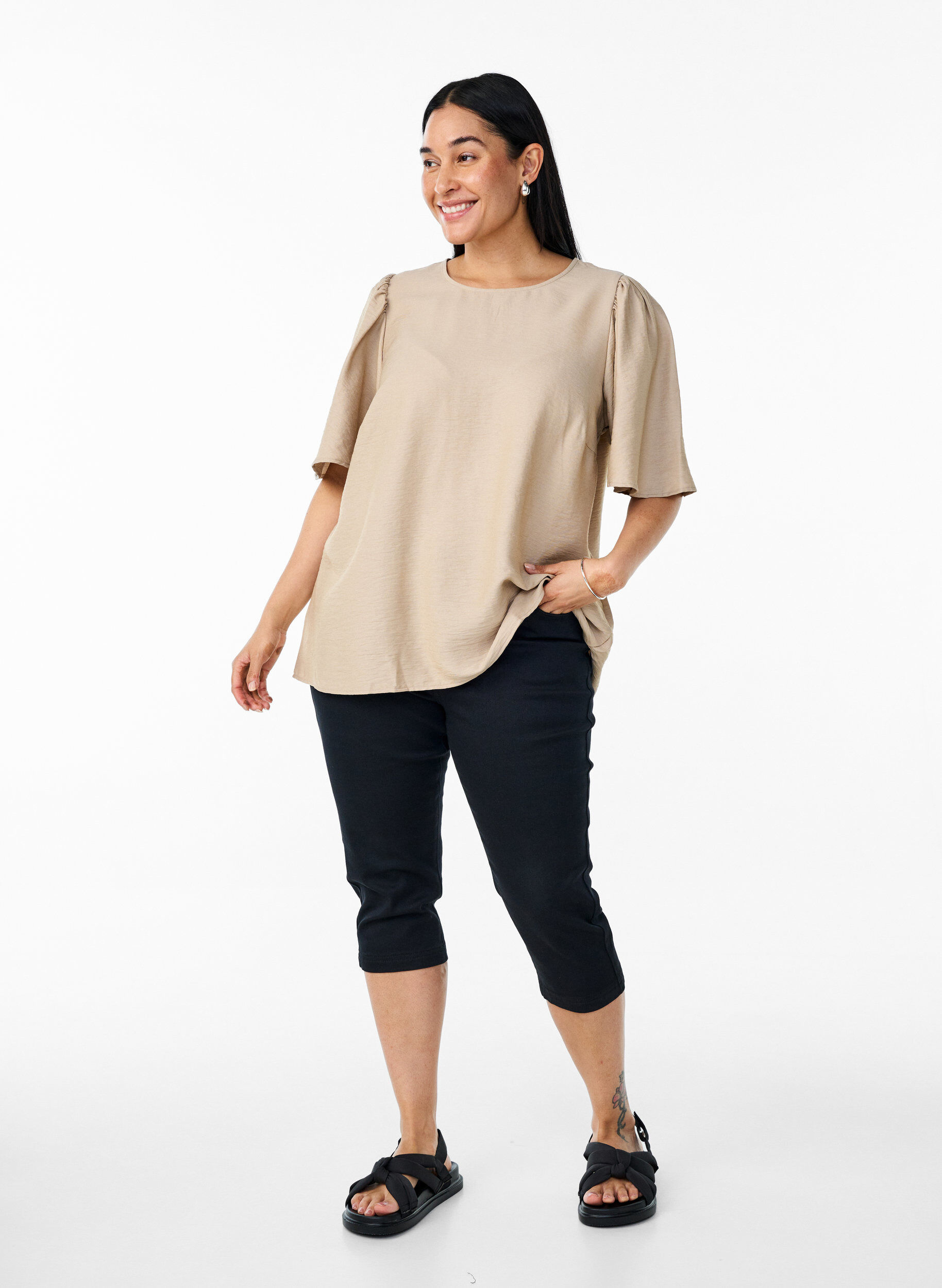 Zizzi Blouse met korte, wijde mouwen, Beige, Model image number 1