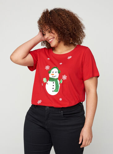 Kerst T-shirt met pailletten, Red, Model image number 0