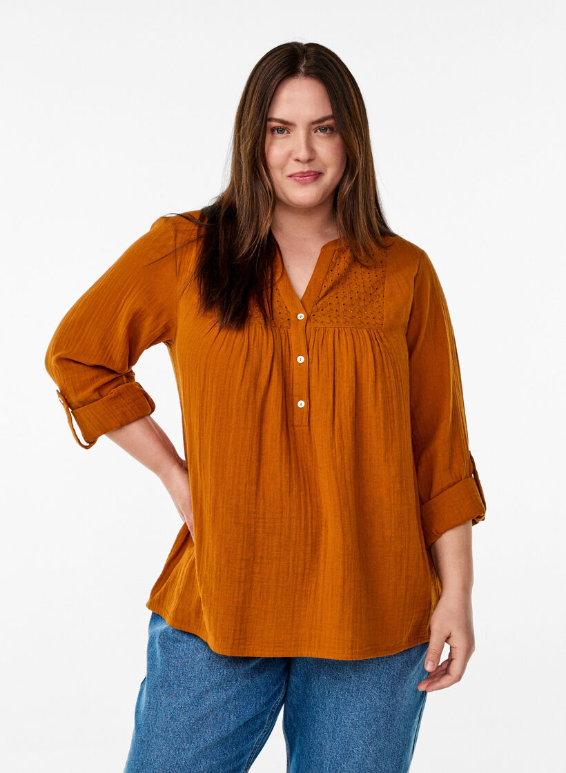 Blouse in katoenen mousseline met broderie anglaise, Oranje, Model image number 0