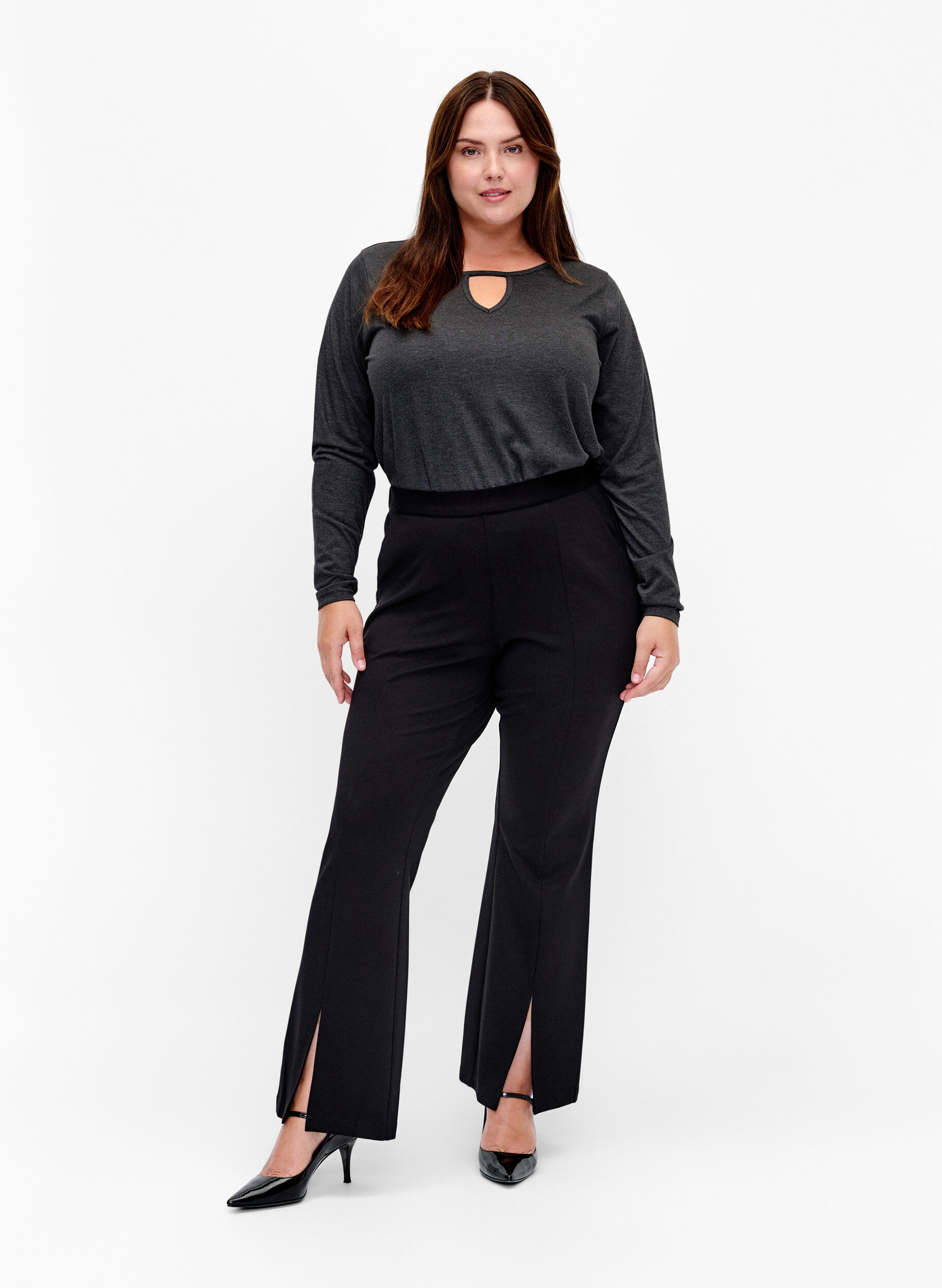 Zizzi Gem&ecirc;leerde blouse met lange mouwen, Black Mel. , Model image number 2