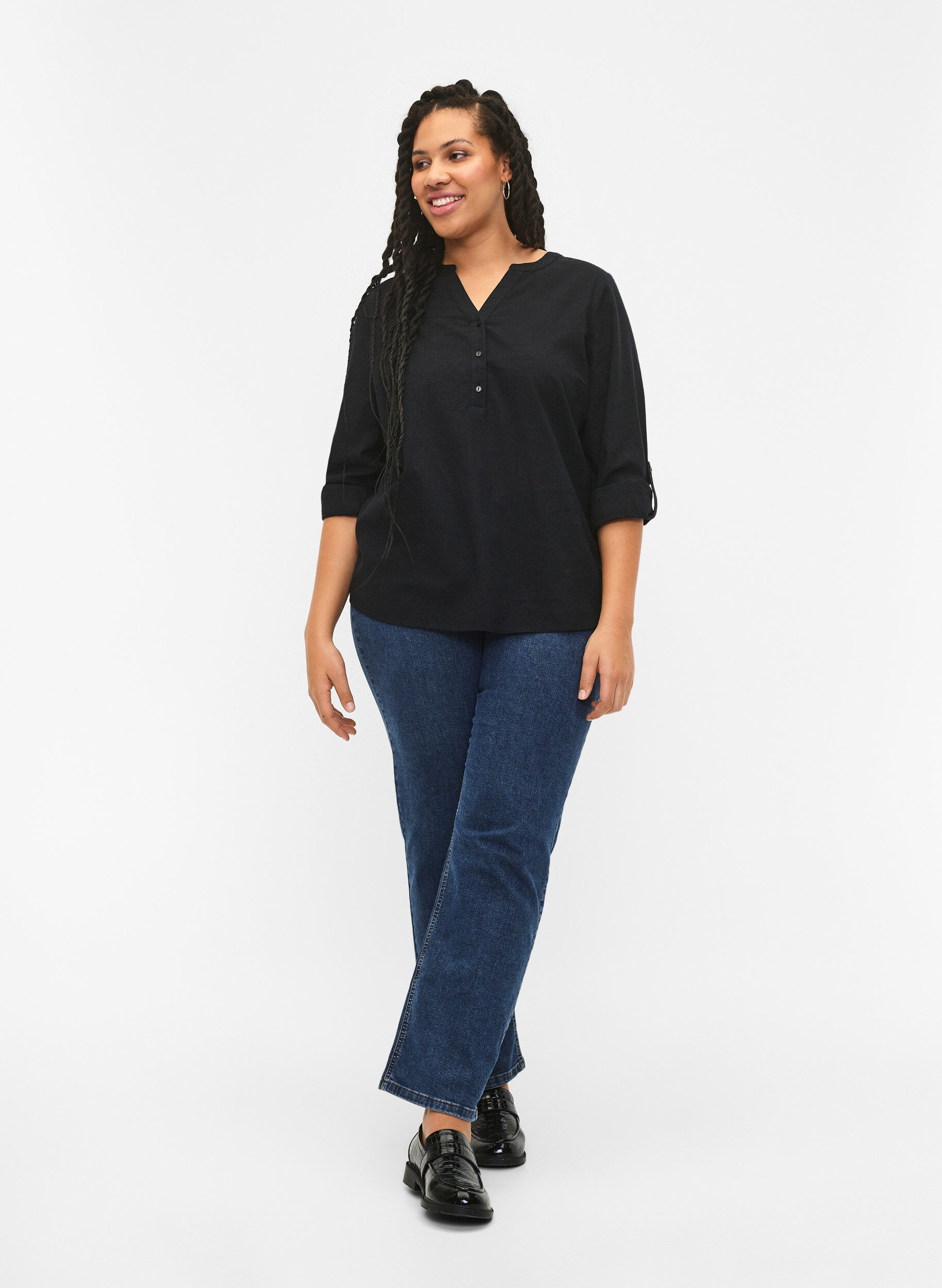 Zizzi Blouse van katoen met v-hals, Black, Model image number 2