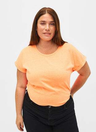 T-shirt van katoen in neon kleur, Neon Coral, Model image number 0