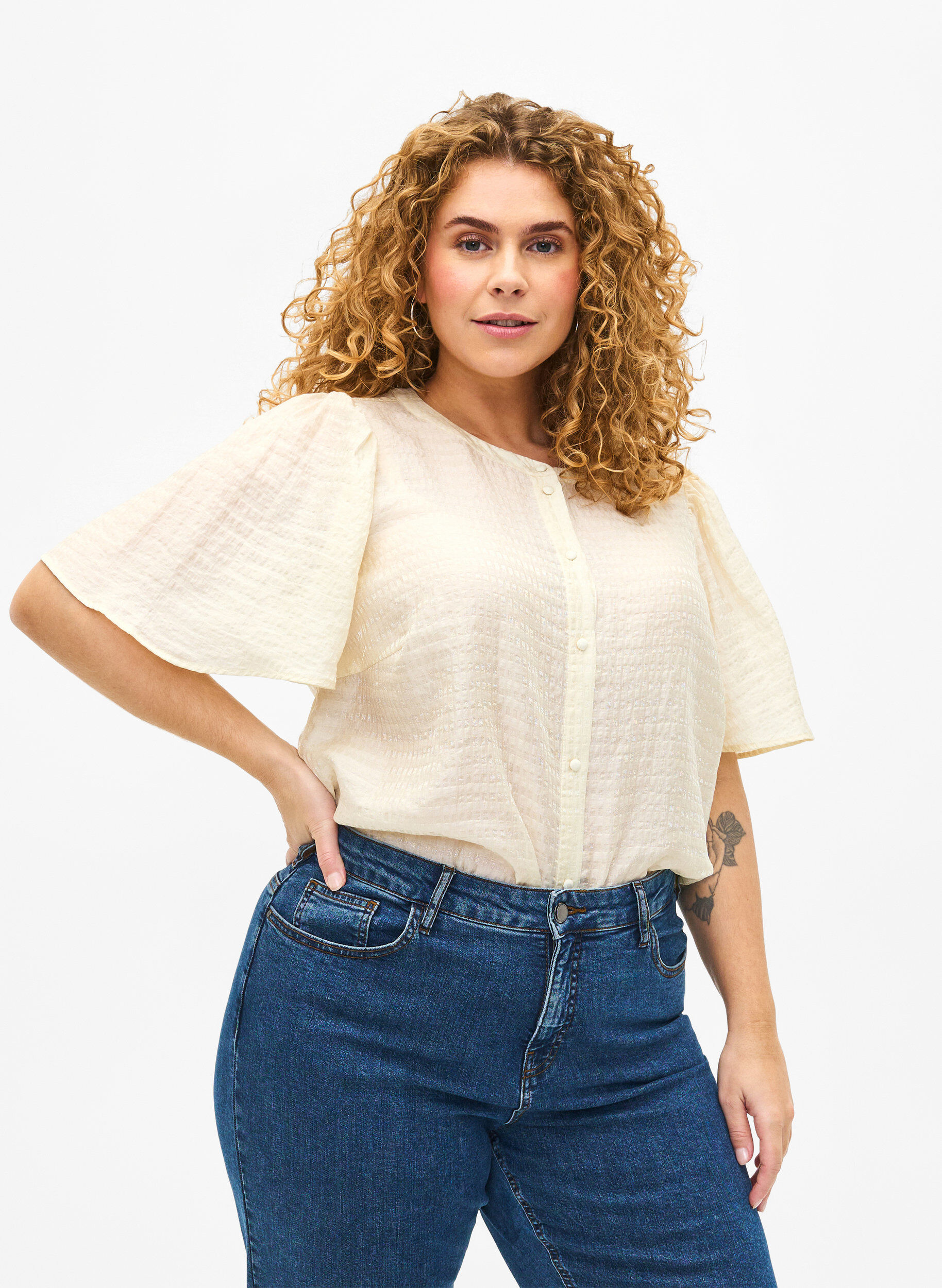 Zizzi Lyocell overhemdblouse met textuur, Antique White, Model image number 0