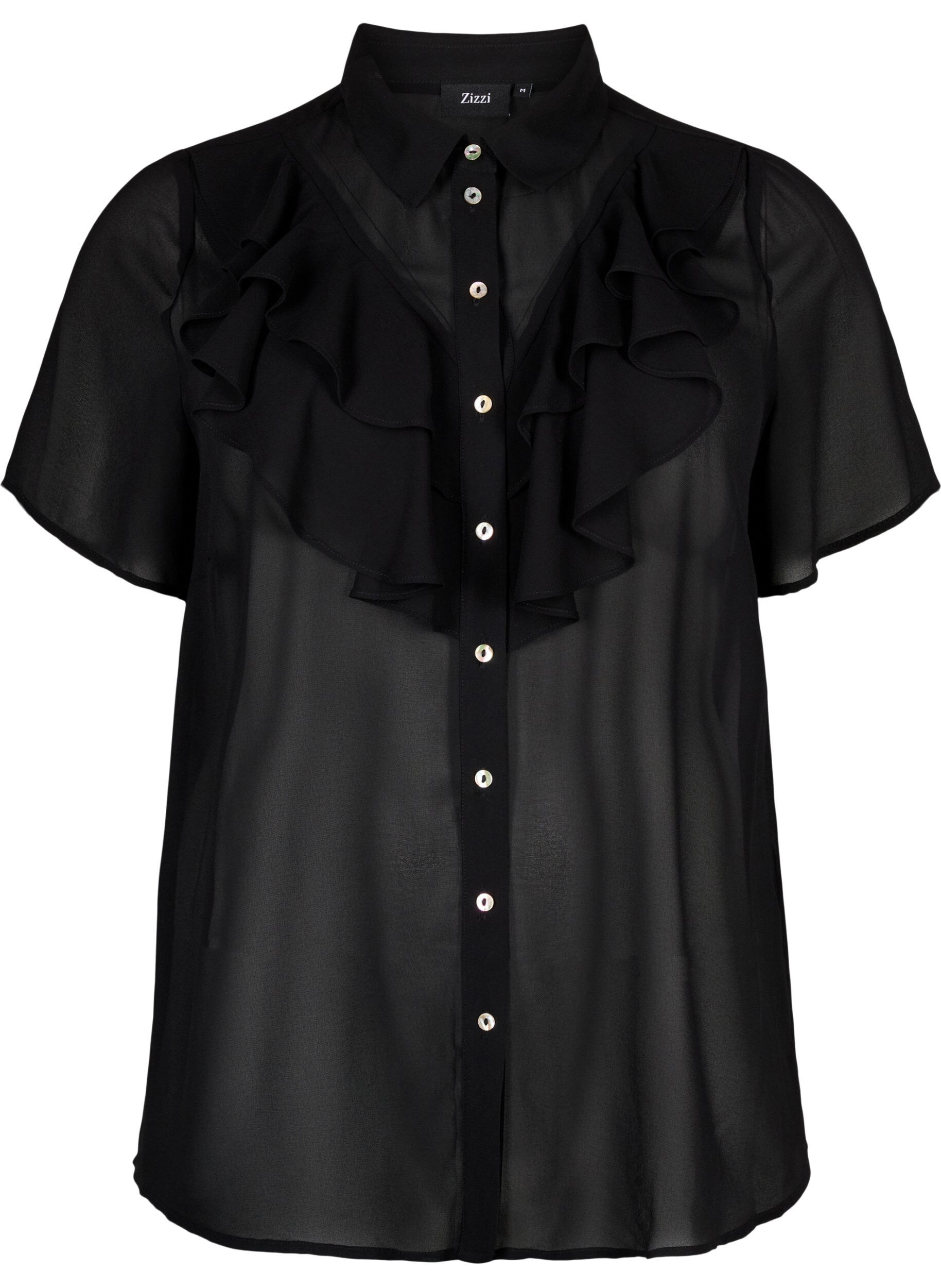 Zizzi Overhemdblouse met korte mouwen en ruches, Black, Packshot image number 0