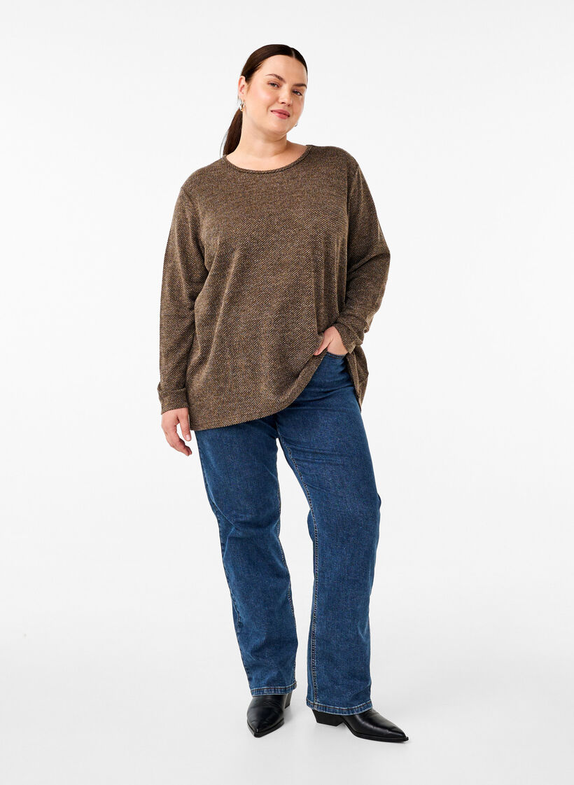 Melange Blouse met een rond halsje en lange mouw, Caribou, Model image number 2