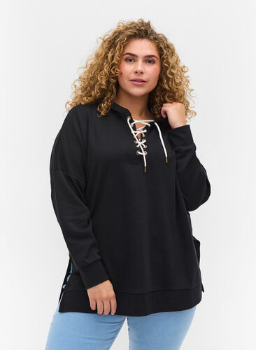 Sweatshirt met capuchon en contrasterend koord, Black, Model image number 0