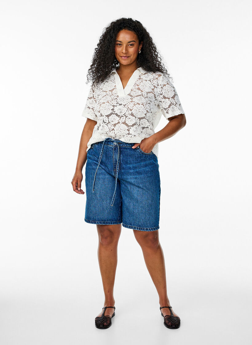 Kanten blouse met een kraag en V-hals, Vanille, Model image number 1