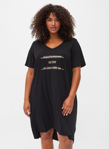 Katoenen nachthemd met print, Black w. Gold Foil, Model image number 0