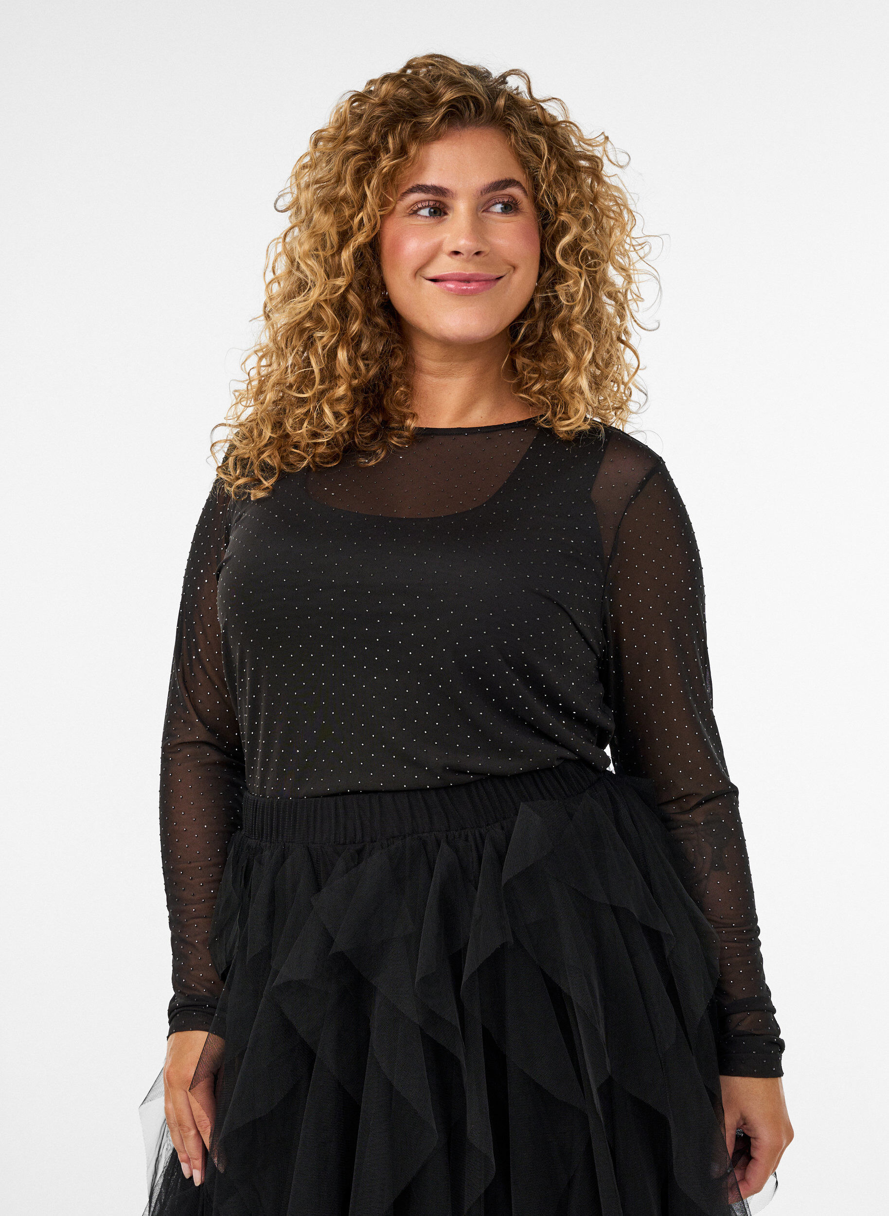 ZizziTransparante mesh blouse met strassteentjes, Zwart, Model image number 0