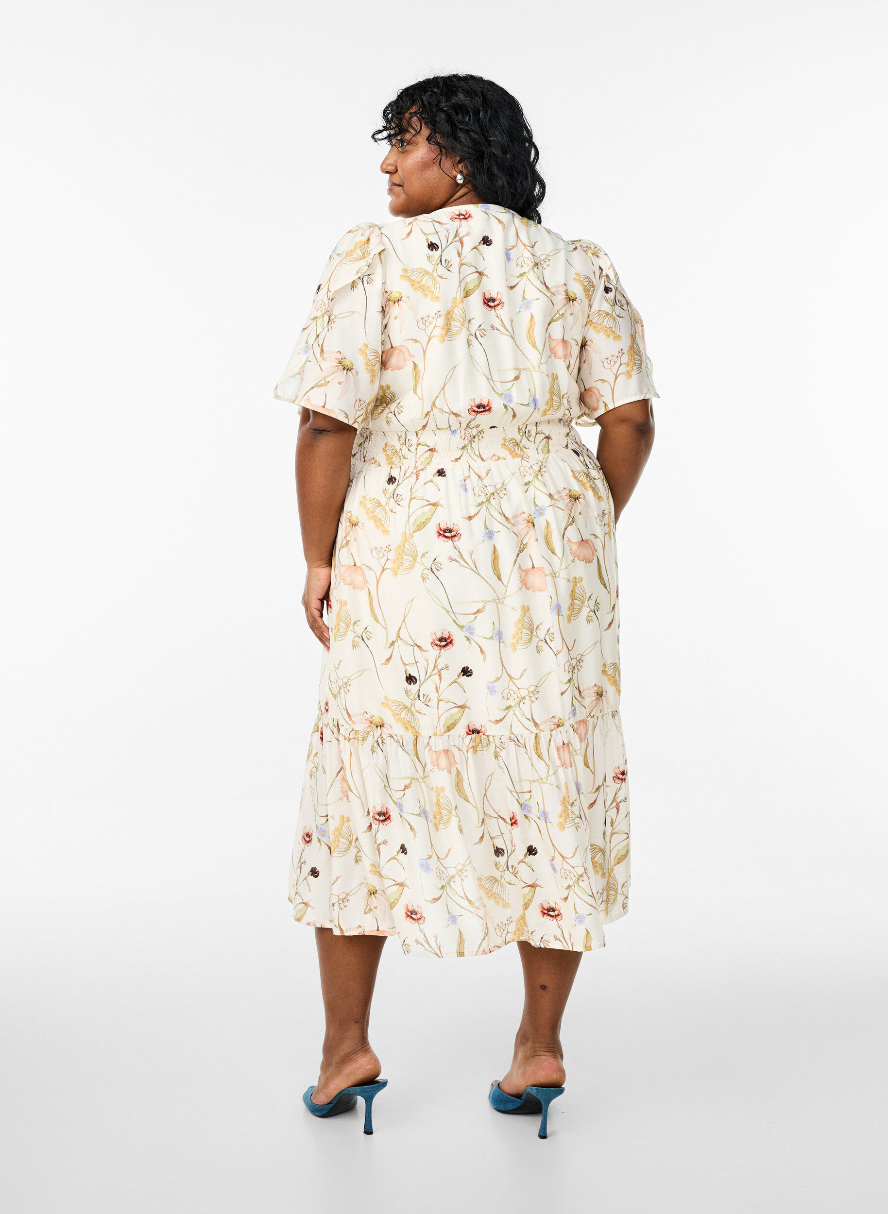 ZizziMidi-jurk met bloemen met een A-lijn vorm, Beige, Model image number 2