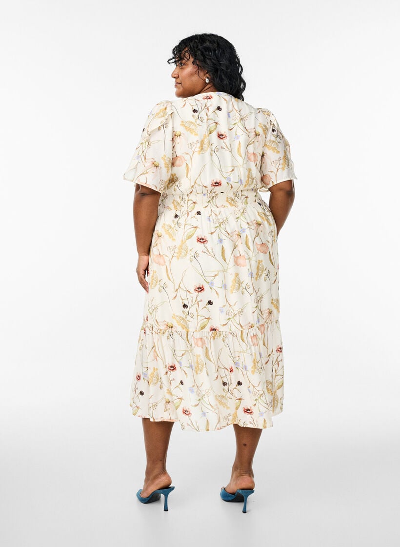 Midi-jurk met bloemen met een A-lijn vorm, Beige, Model image number 2