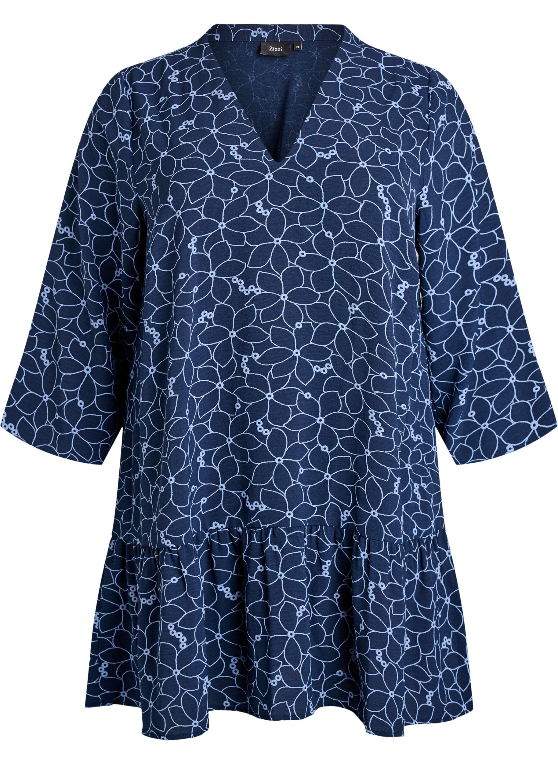 Zizzi Tuniek met een geborduurd bloemenpatroon en 3/4 mouwen, Blauw, Packshot image number 0