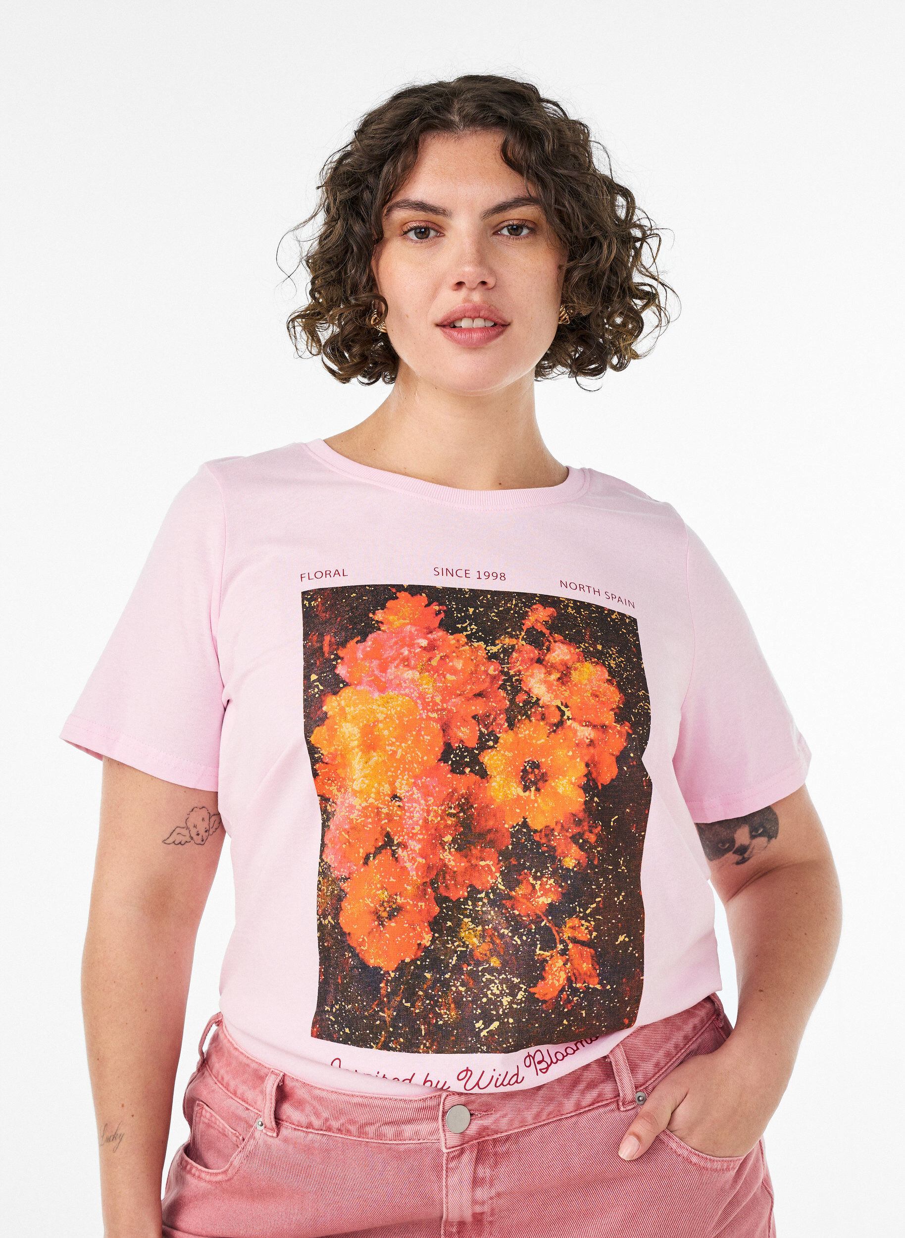 ZizziKatoenen T-shirt met print aan de voorkant, Roze, Model image number 0
