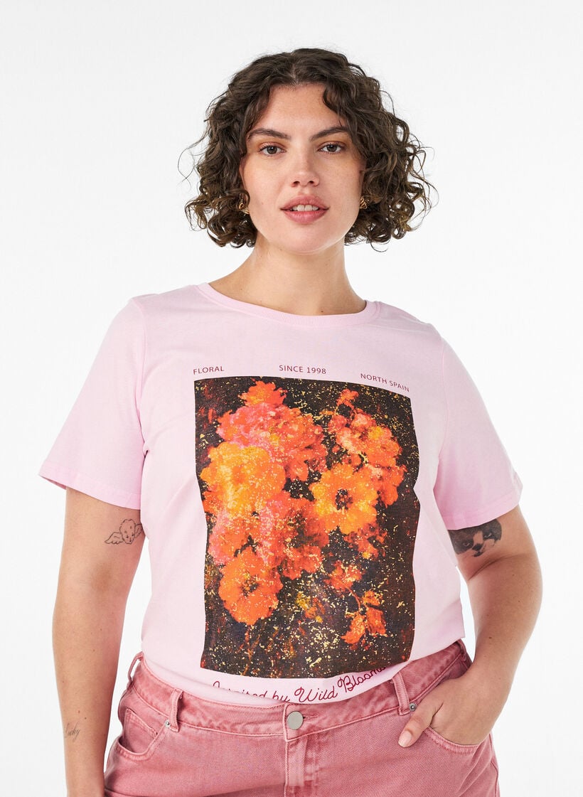 Katoenen T-shirt met print aan de voorkant, Roze, Model image number 0