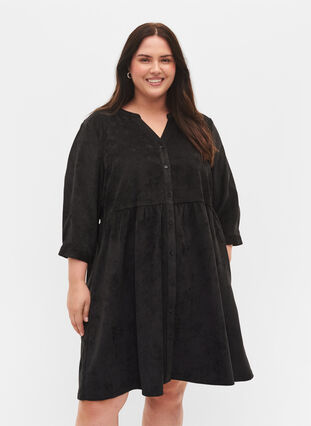 Fluwelen jurk met 3/4-mouwen en knopen, Black, Model image number 0