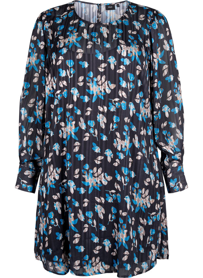 Korte jurk met print en een ronde hals, Black Blue Fl. AOP, Packshot image number 0
