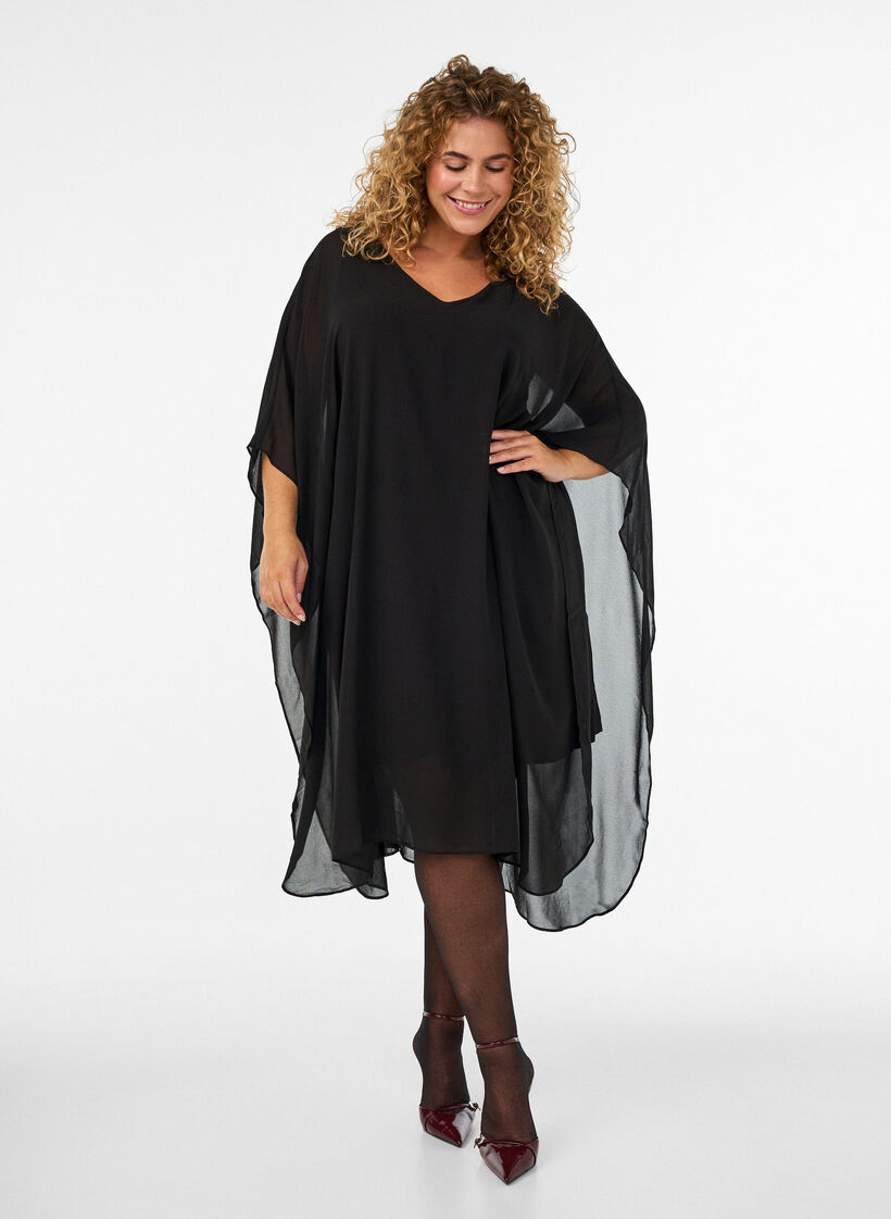 Korte chiffon jurk met V-hals, Zwart, Model image number 0