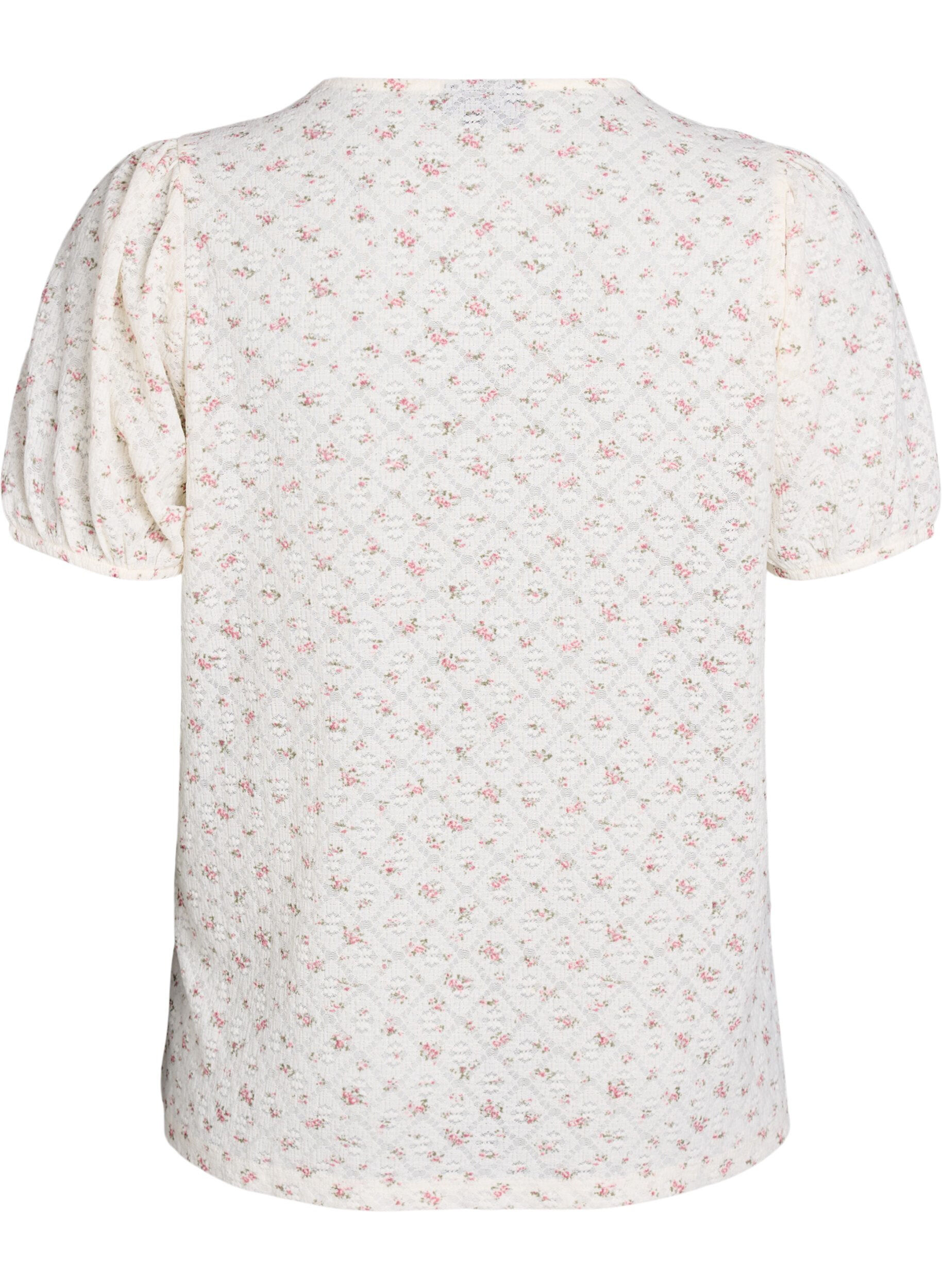 Zizzi Jersey blouse met korte mouwen en bloemenprint, Wit, Packshot image number 1