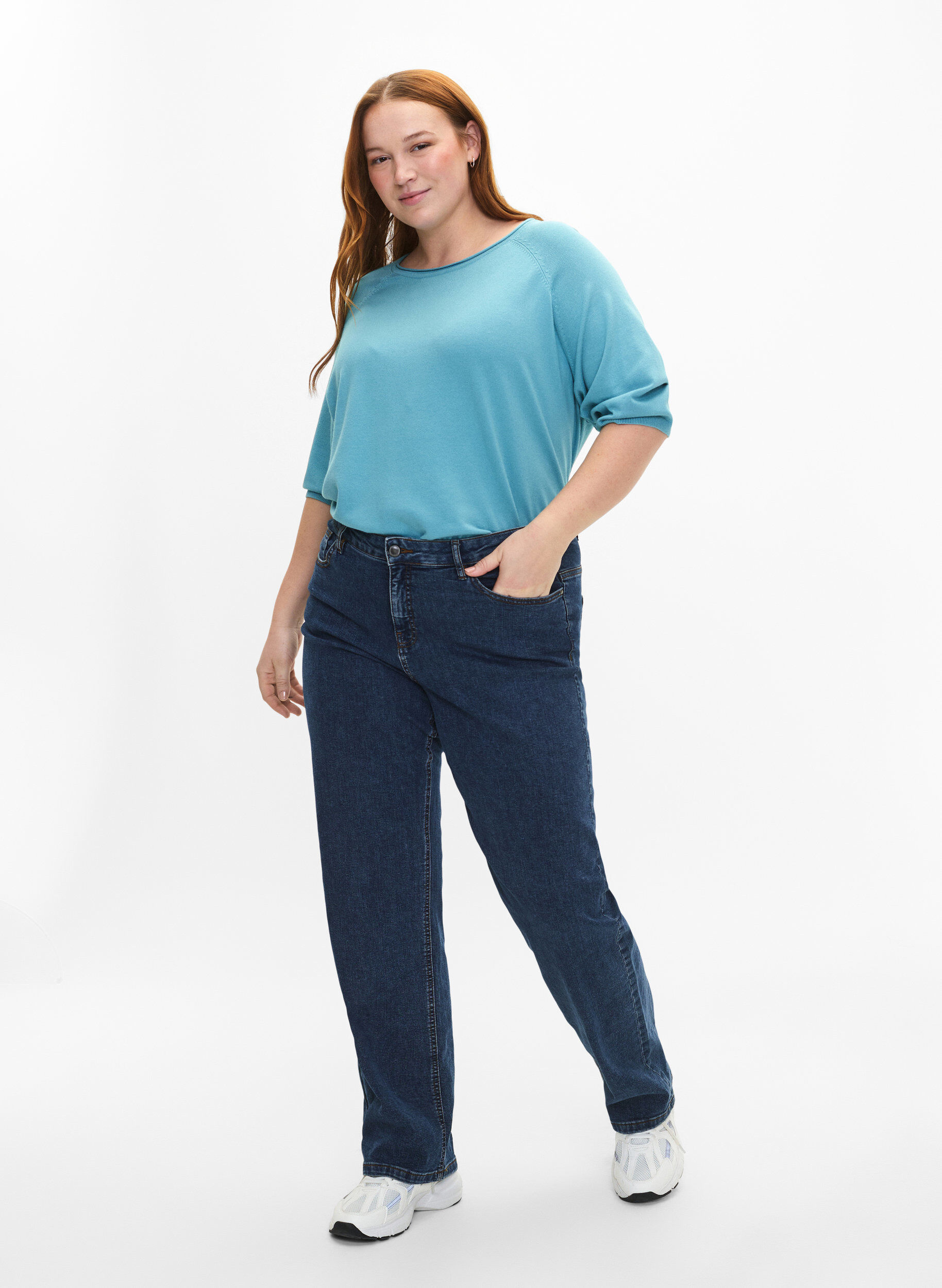 Zizzi Gebreide blouse van viscose met 3/4 mouwen, Reef Waters, Model image number 2