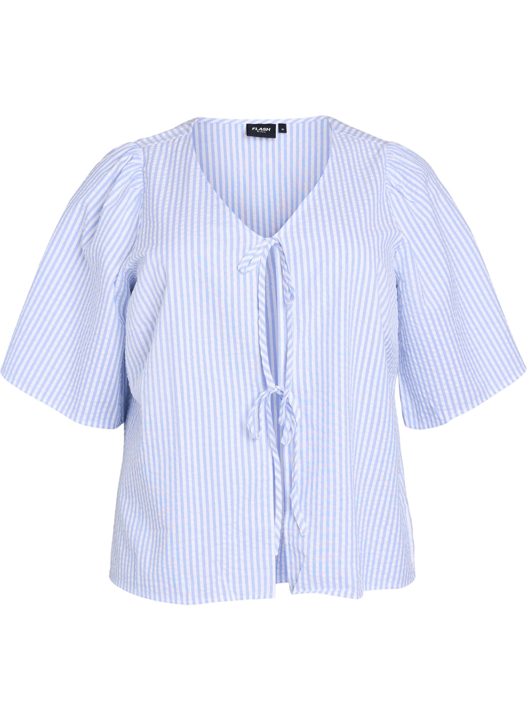 Zizzi FLASH - Gestreepte blouse met strikken, Blauw, Packshot image number 0
