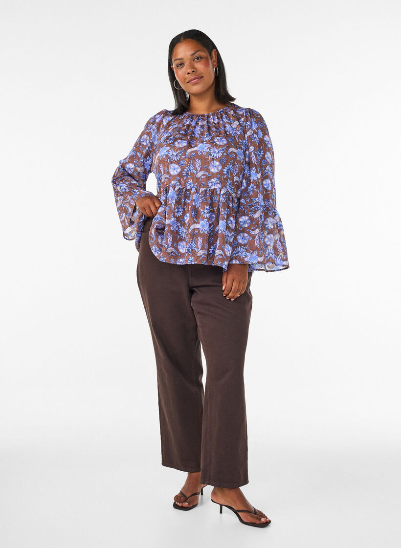 Blouse met bloemenprint en ruches aan de mouwen, Bruin, Model image number 1