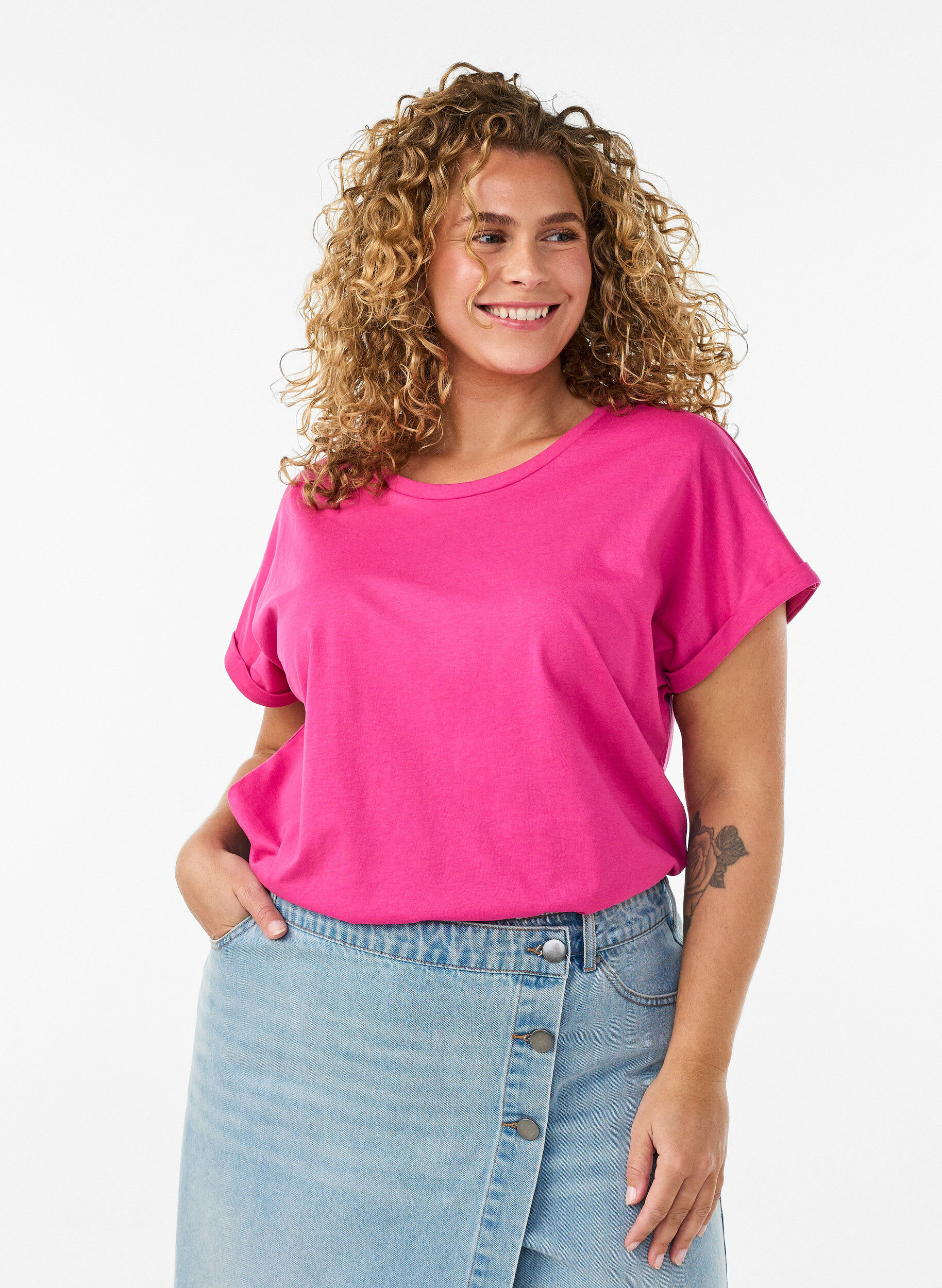 T-shirt met korte mouwen van katoenmix, Roze, Model
