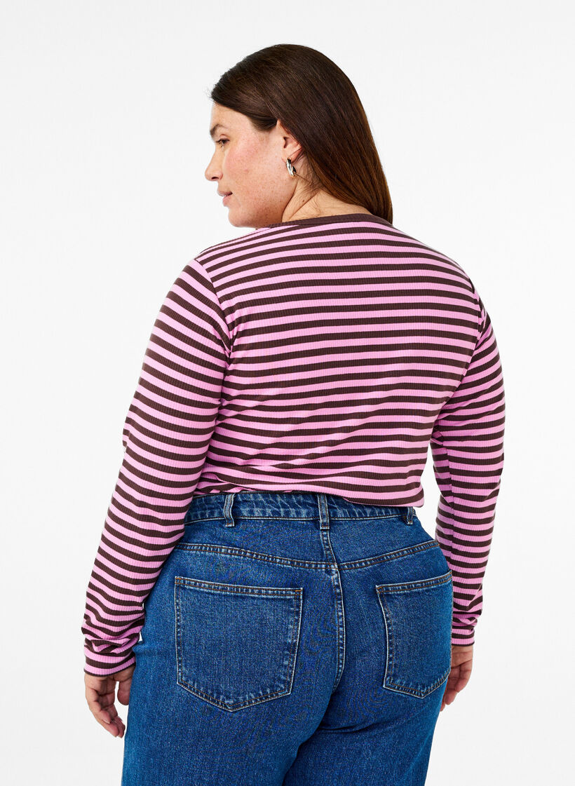 Gestreepte blouse met lange mouwen, Roze, Model image number 2