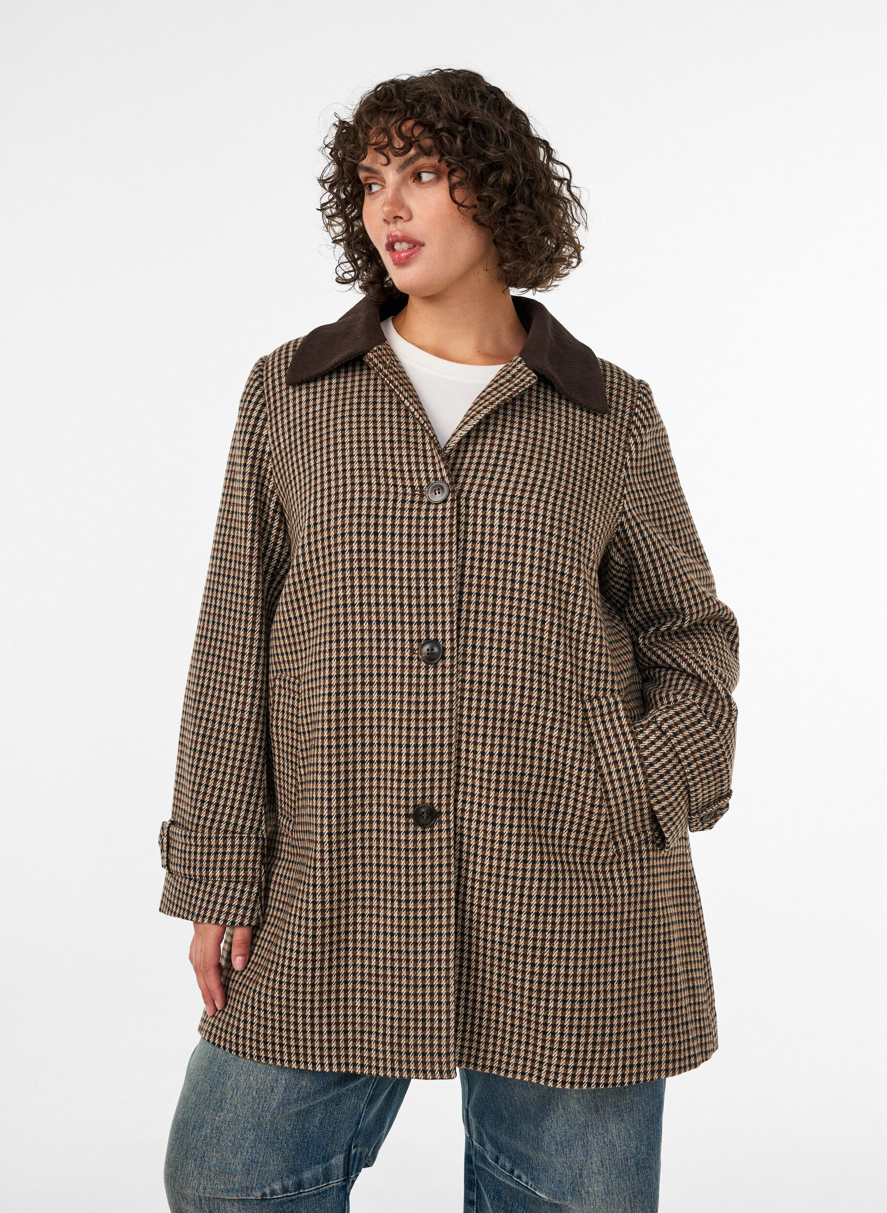 ZizziGeruite jas met corduroy kraag, Bruin, Model image number 0