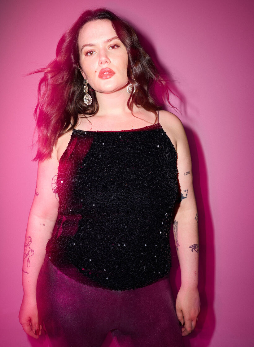 Top met pailletten en smalle bandjes, Black Sequins, Image image number 0