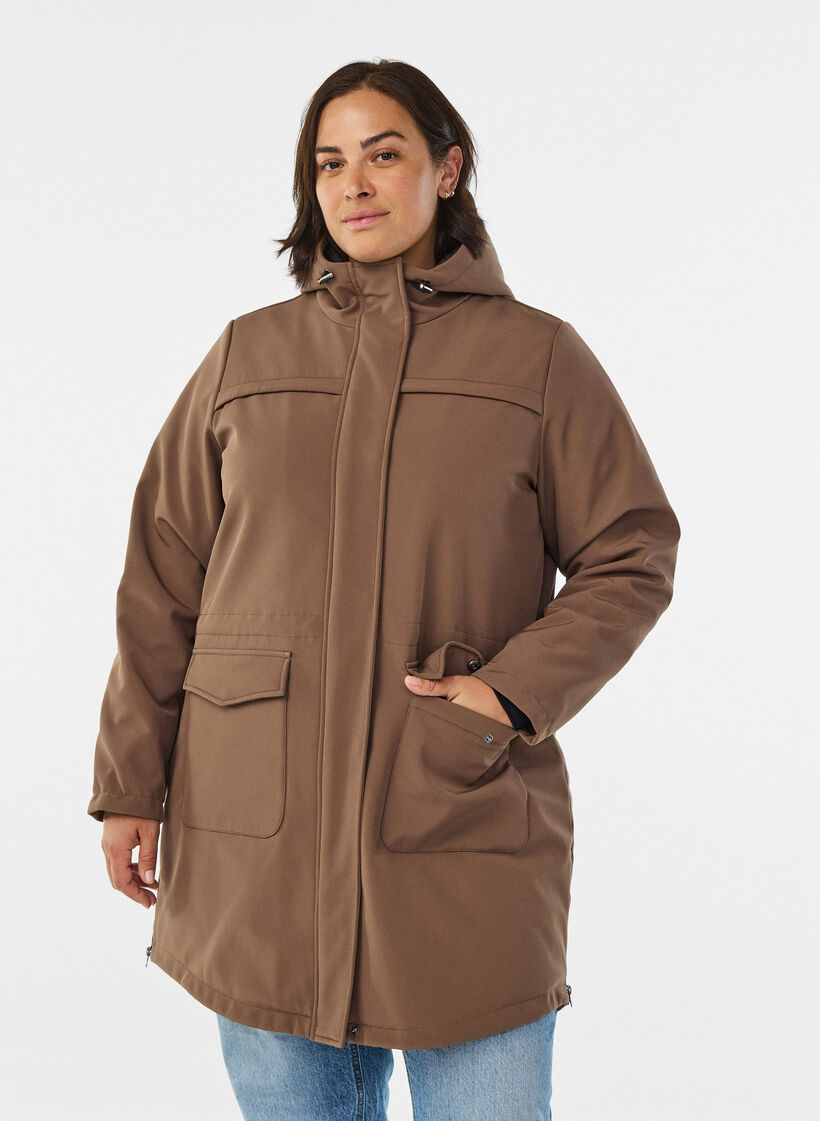 Waterafstotende softshell-jas met gewatteerde voering, Bruin, Model image number 0